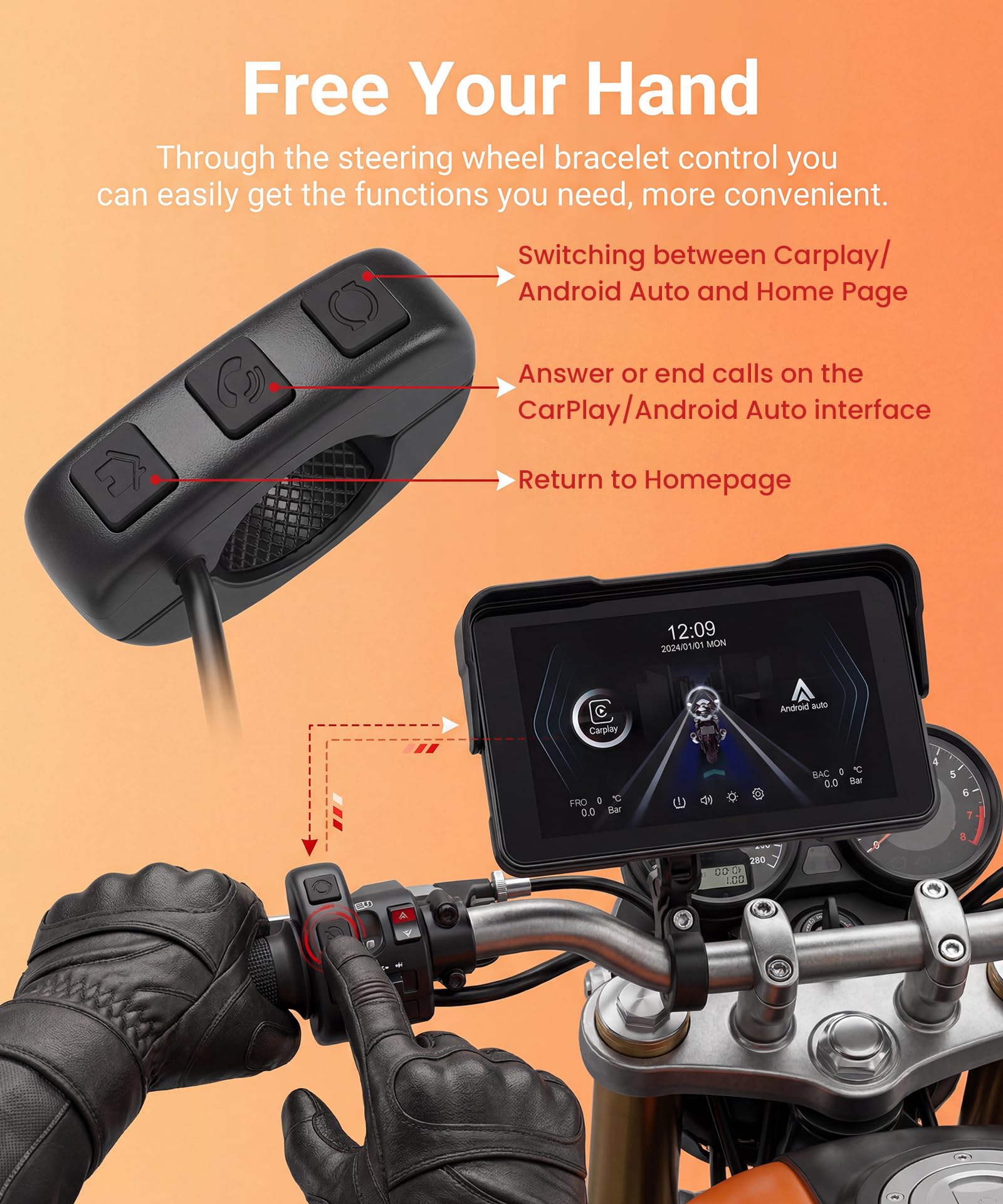Rimoody Motocyklowy wyświetlacz CarPlay 5" z kontrolerem kierownicy, zdejmowany stojak, bezprzewodowy wyświetlacz CarPlay i Android Auto do motocykli, bezprzewodowe radio samochodowe CarPlay