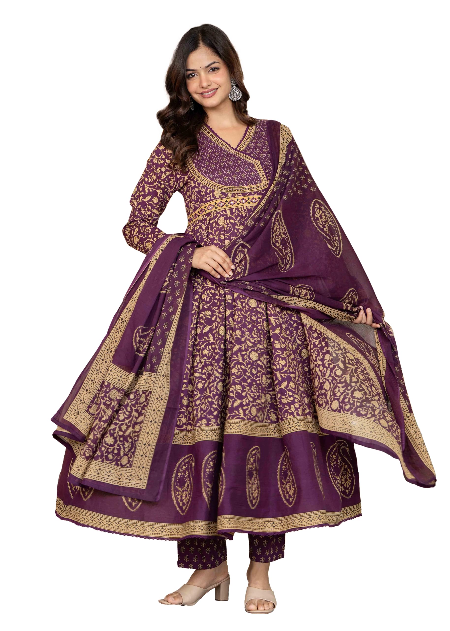 Pistaa's Women's Cotton Anarkali Kurta Set Wine - Image 1
