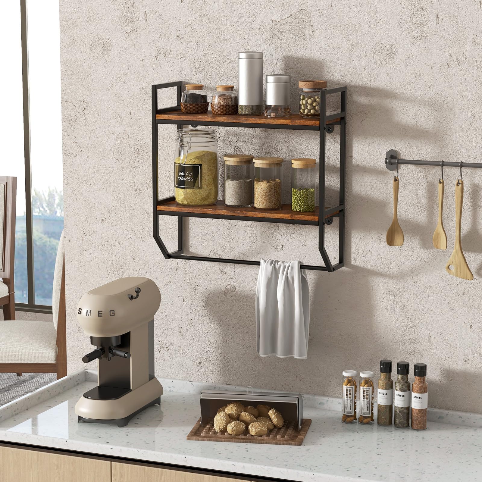 LIFEZEAL Scaffale da parete per riporre il bagno, in legno e metallo, con 2 livelli, carico di 20 kg, porta asciugamani WC, organizer per soggiorno, cucina, marrone rustico