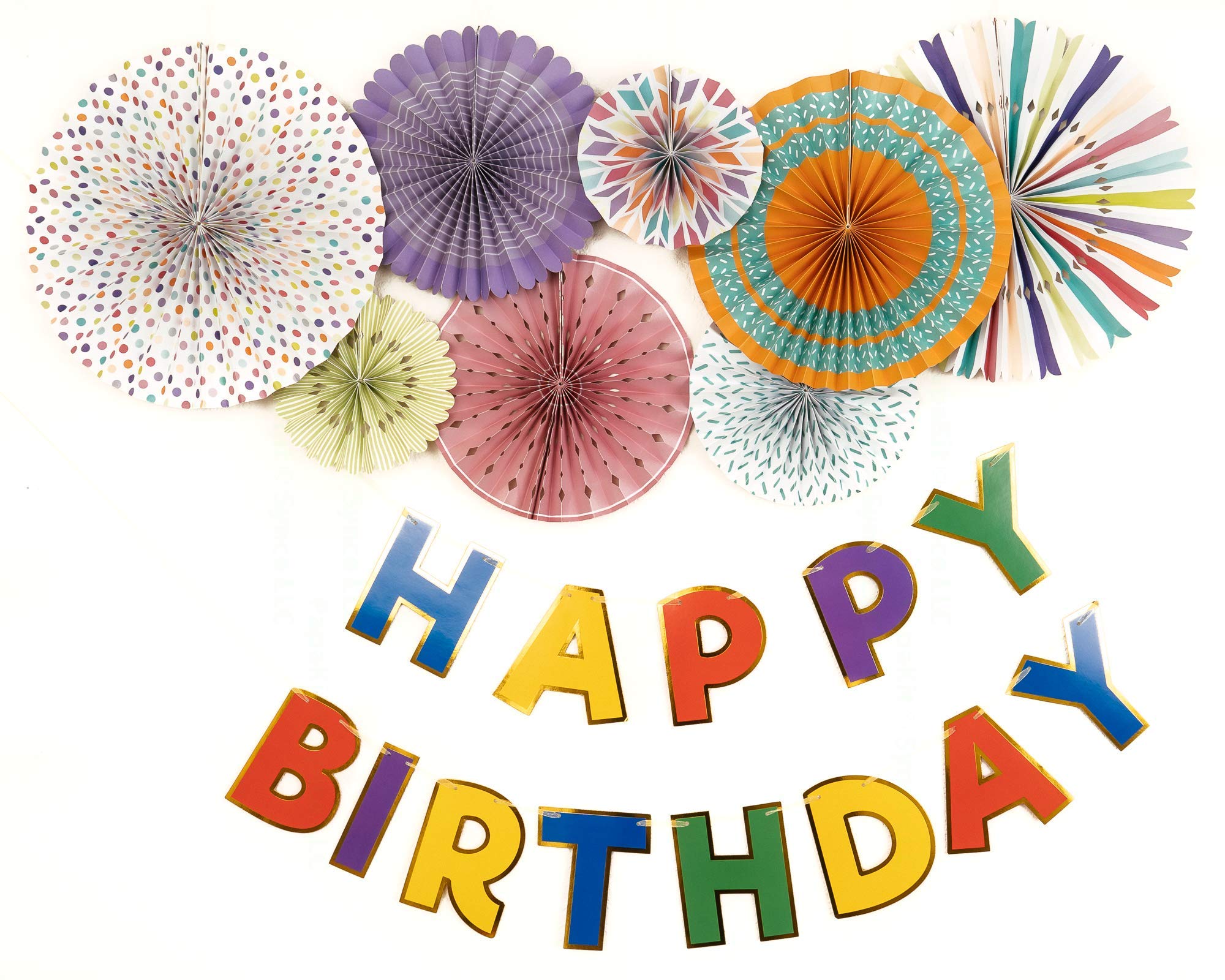 PapaKit Bundle - Happy Birthday Bunting Banner and Origami Paper Fan Wall Decoration Set (Bright and Bold Colors)