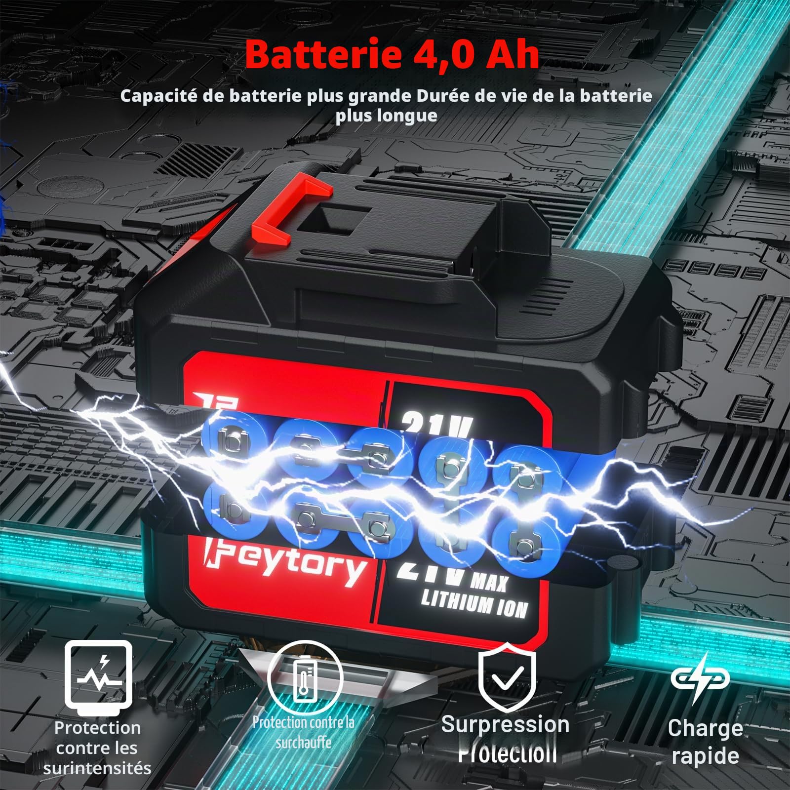 Clé à chocs sans fil, pistolet à chocs électrique sans balais 1/2 pouce, clé électrique 2500 tr/min, couple maximum de 550 N.m avec 4 prises, 12 embouts de tournevis, batterie 4.0