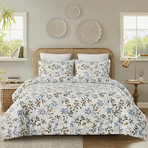 Vaulia Funda de edredón floral de microfibra suave, tamaño Queen, estampado botánico de hojas azules, diseño reversible ligero y transpirable, juego