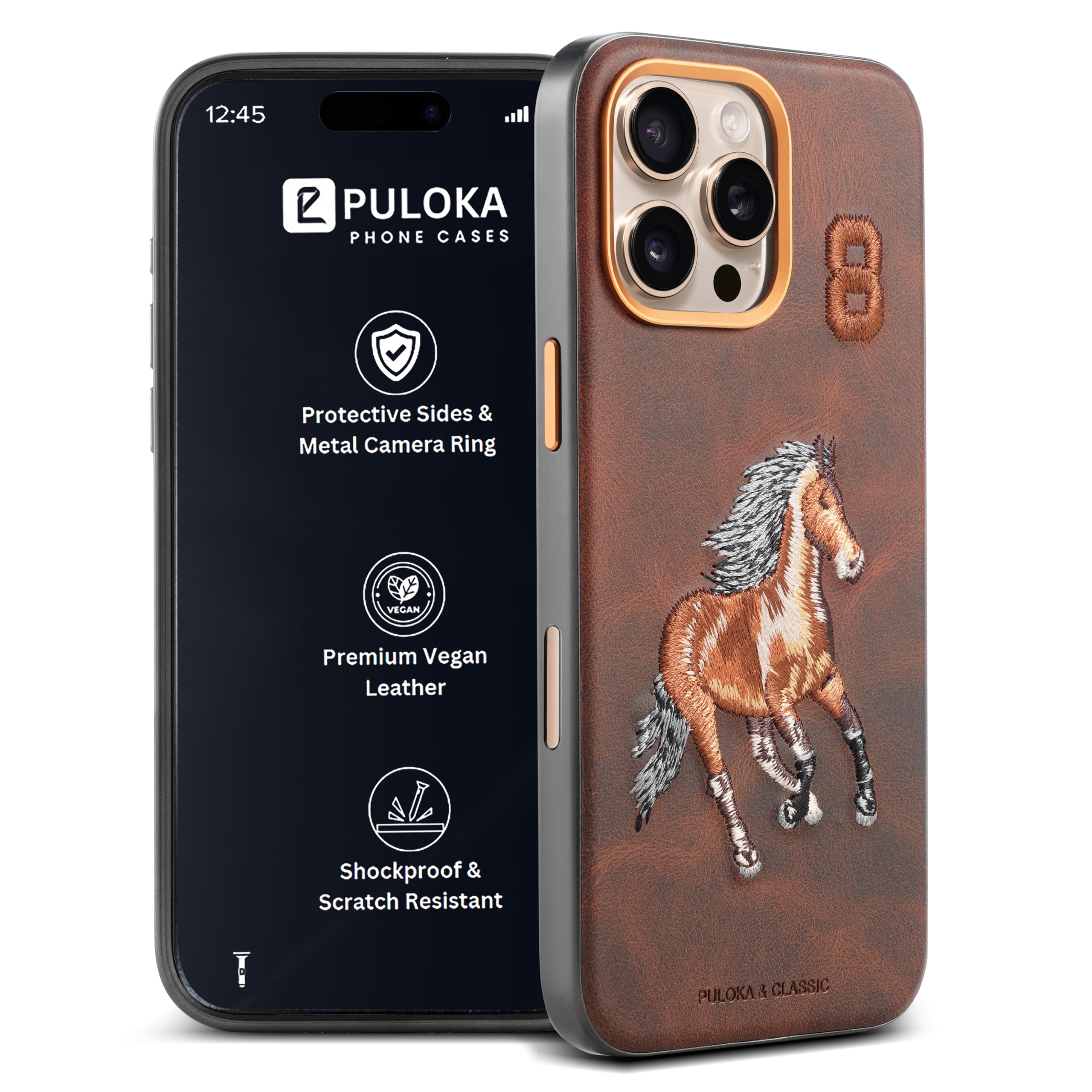 PULOKA - Mobile Cover Compatible for iPhone 16 Pro Max - Horse Embroidery - Sleek & Stylish - Protective & Anti Scratch Phone Cover Vegan Leather Back Case - Men & Women - Santa Barbara Polo (Brown)