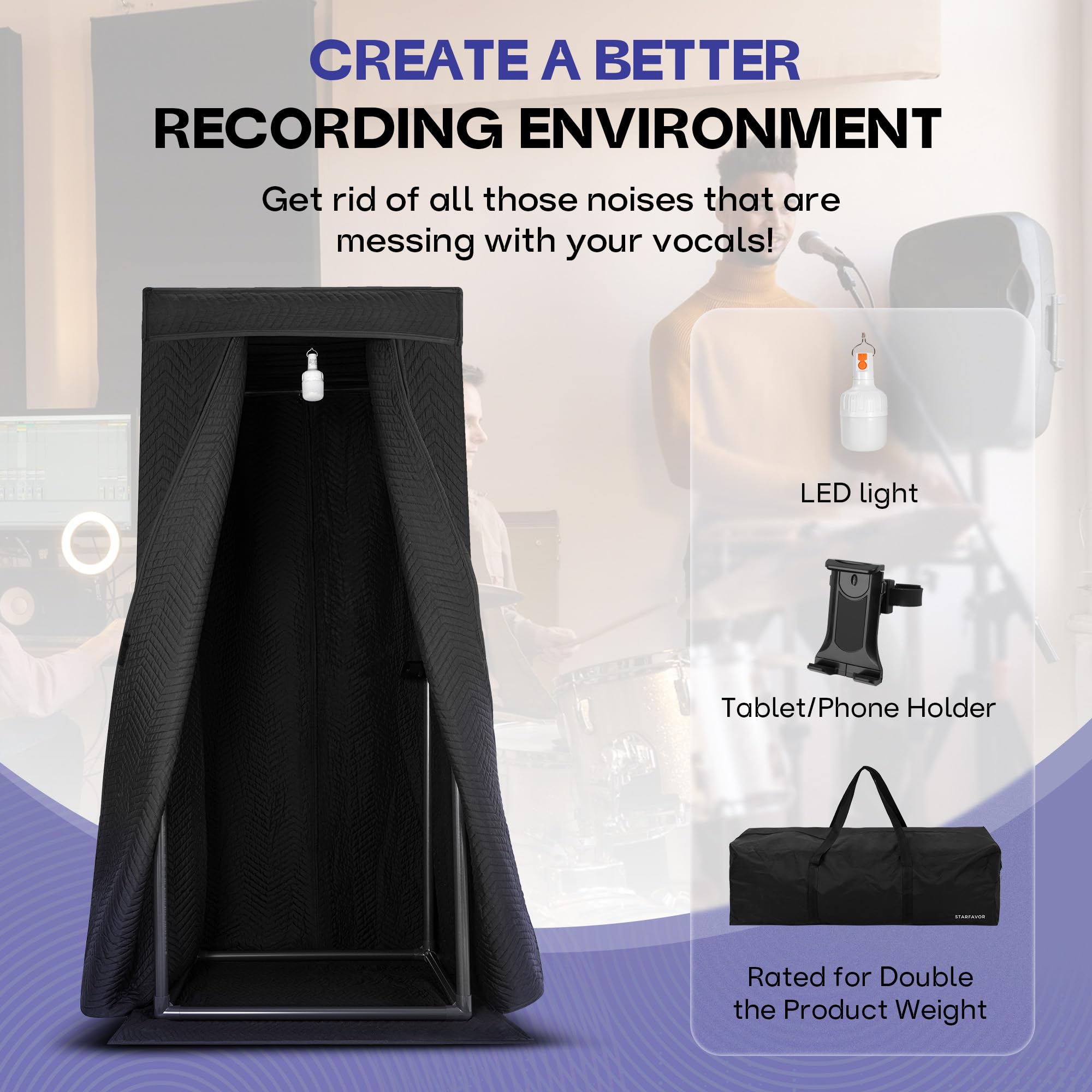 Starfavor Portable Vocal Booth for Recording Echo-Free Vocals, Double-layer 360 Reverb Stand-In Isolation Shield, Pro-Sound Blankets, Studio with Travel Bag - Image 4