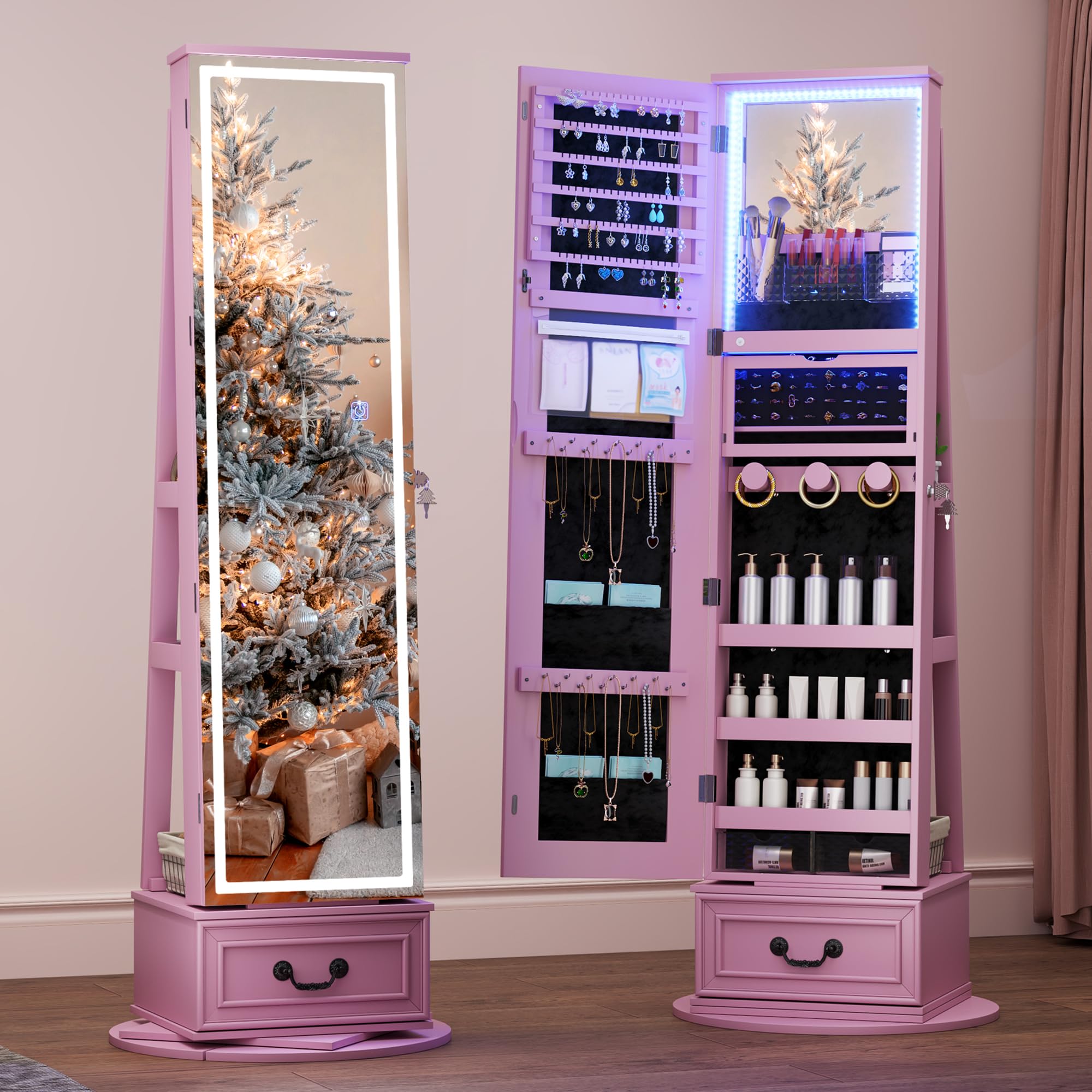 LVSOMT LED Mirror Jewelry Cabinet Standing, 360°Swivel Jewelry Armoire with Full Length Mirror, Mirror with Jewelry Storage and Large Wooden Drawer for Christmas Gifts ()