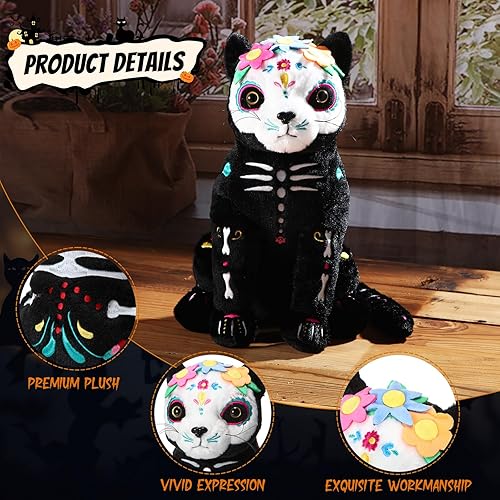 Miniatura 3 de Hiboom Peluche de gato negro de esqueleto de 13 pulgadas, suave peluche de gatito negro para Halloween, día de los muertos, decoración de regalo de