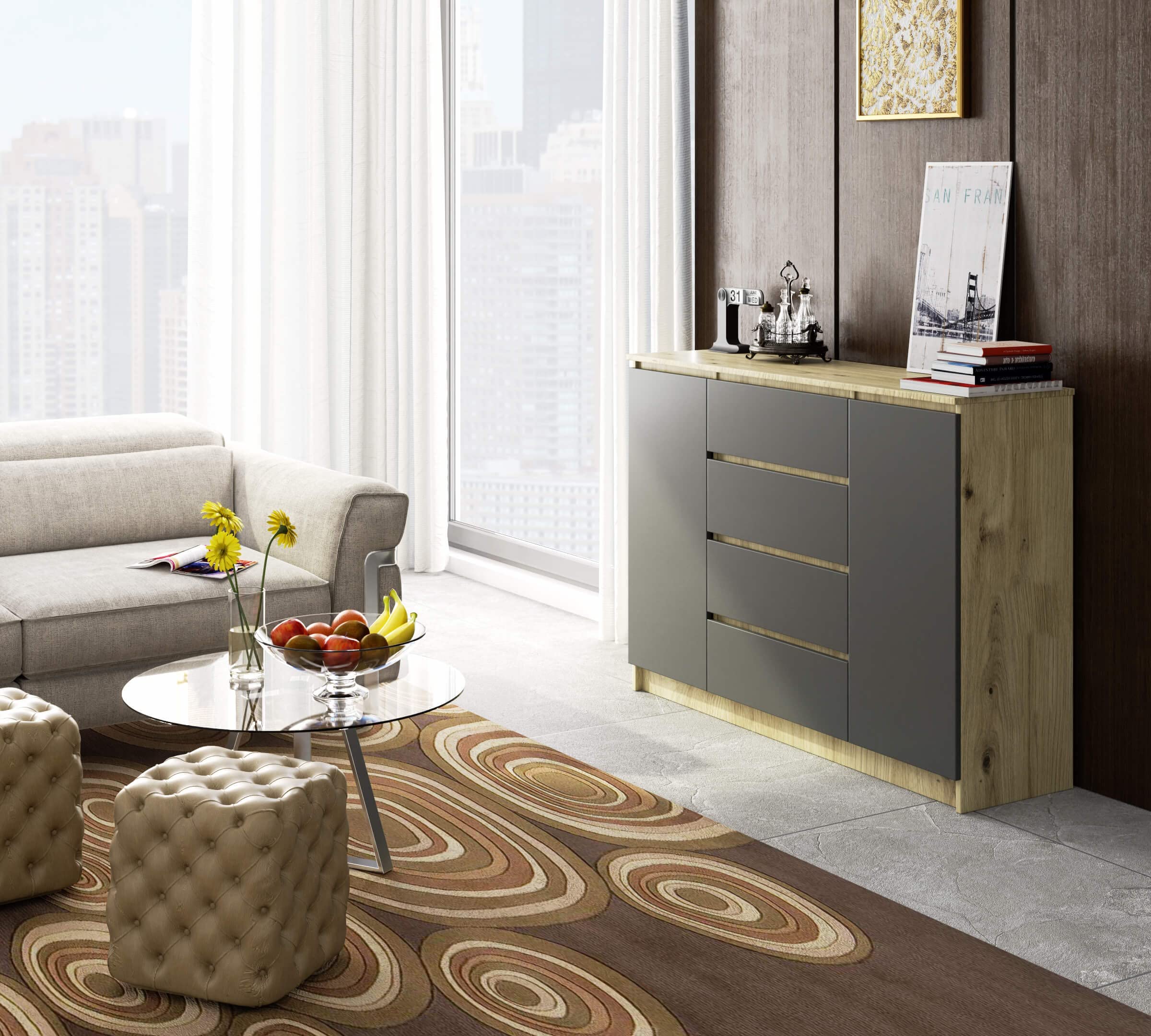 Commode AKORD K-140 6 Tiroirs - Chêne Sonoma & Blanc - L138 X H77 X P40 Cm