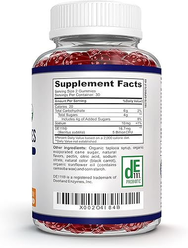 Miniatura 4 de Gomitas probióticas orgánicas, 5 mil millones de UFC, fuerza máxima, sabor a fresa, salud intestinal y apoyo inmunológico para hombres, mujeres y