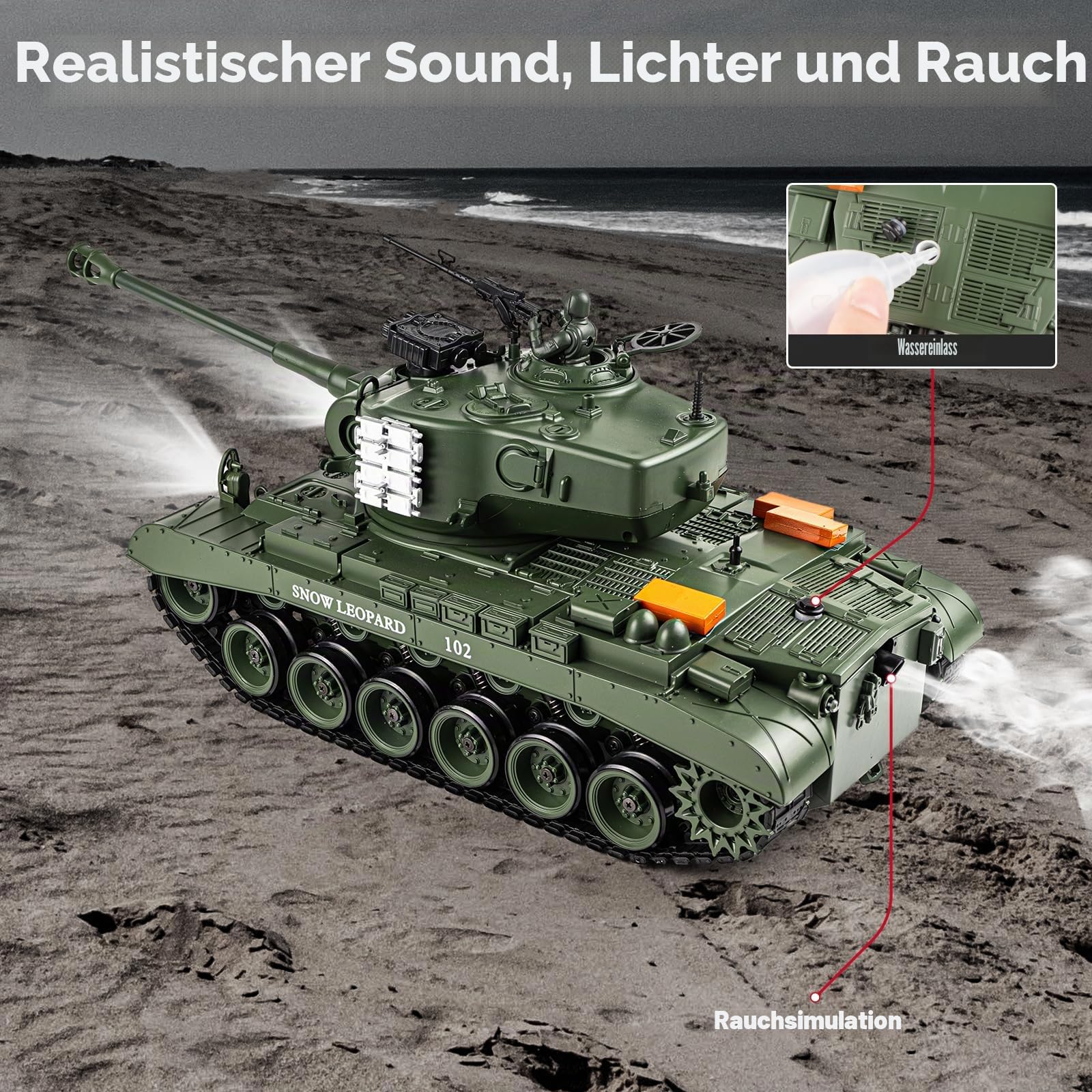 RC Panzer 1:18 US M26 Armeegrün, Panzer Ferngesteuert mit Schussfunktion | 2.4GHz Panzer Ferngesteuert mit Licht und Sound，WW2 Panzer Modell der Airsoft-BBS für Erwachsene und Kinder