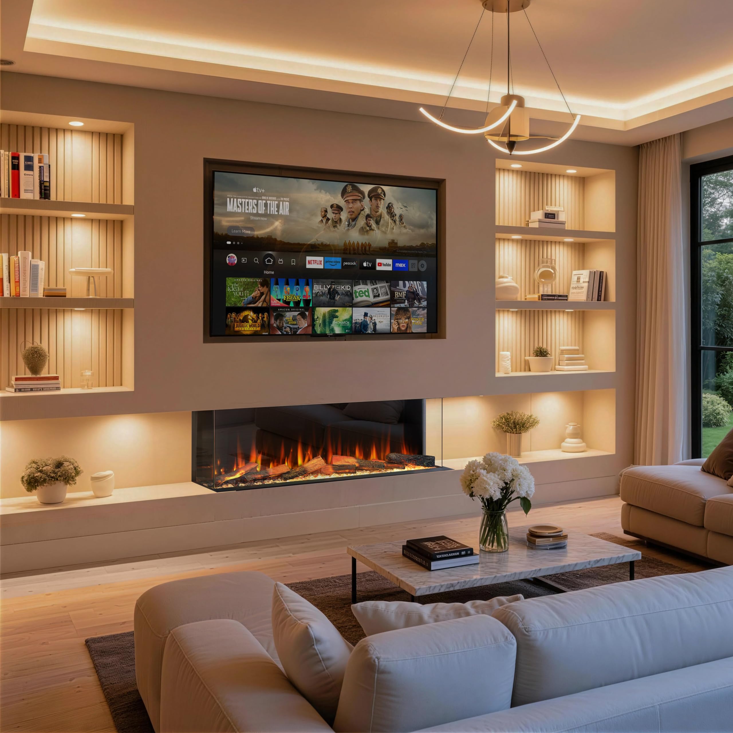 Endeavour Fires Deluxe Rosedale Camino Elettrico 3 Lati per Parete Multimediale, App Wi-Fi Smart e Telecomando, Crepitio del Fuoco, Specchio Nero Riflettente, Set di Ceppi LED, Potenza 1.5 kW (60'')
