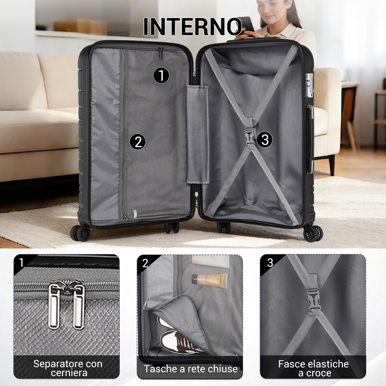 KONO Valigia Grande 76 cm in PP Rigido, Trolley Leggero con Serratura TSA, Ruote Doppie 360° e Manico Regolabile, Valigia da Viaggio (76 cm, Nero) | Guscio Rigido in PP, Ruote Doppie a 360°, Serratura TSA, Manico Regolabile, Interni Organizzati