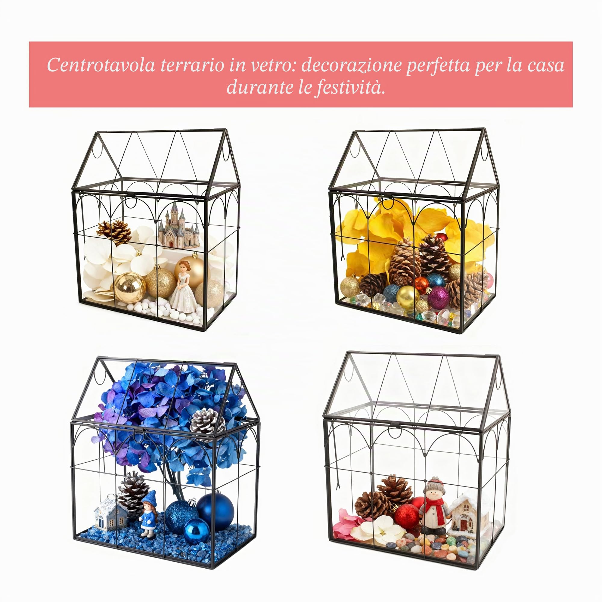ElegantLife Terrario a forma di casa, fatto a mano, con coperchio basculante, per felci, muschio, cactus, piante aeree