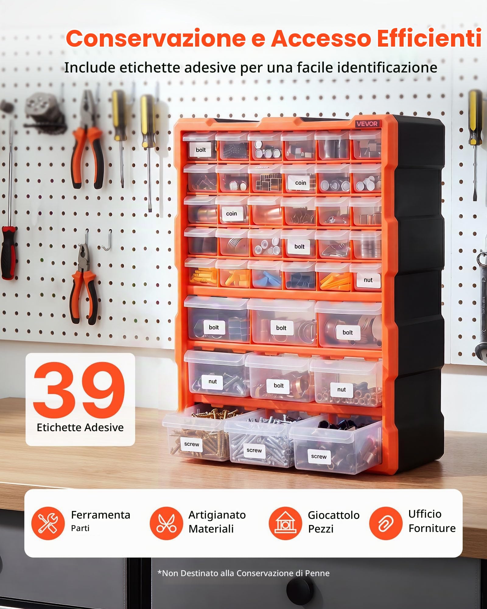 VEVOR Organizer per Minuteria a 39 Cassetti, Cassettiera Porta Minuteria Impilabile, Contenitore da Parete per Viti, Bulloni, Ferramenta e Componenti, in Plastica, Ideale per Garage, Casa e Officina