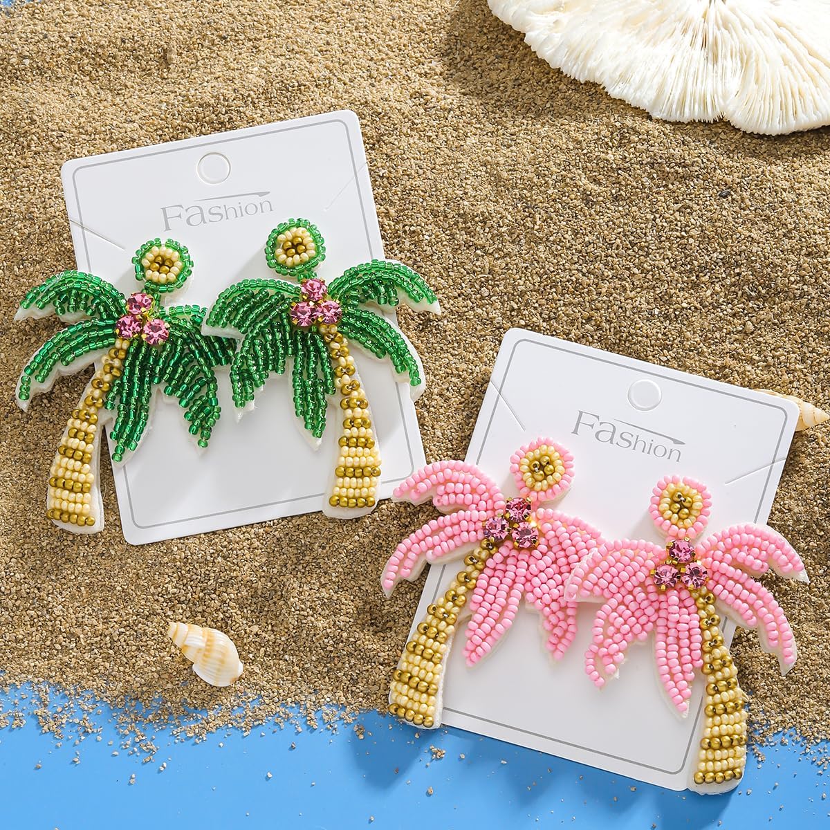 2 Pairs Beaded Palm Tree Earrings Set for Women, Handmade Beads Luau Green Pink Coconut Tree Dangle Earrings for Beach Summer Hawaii Holiday Jewelry Gift - Image 3