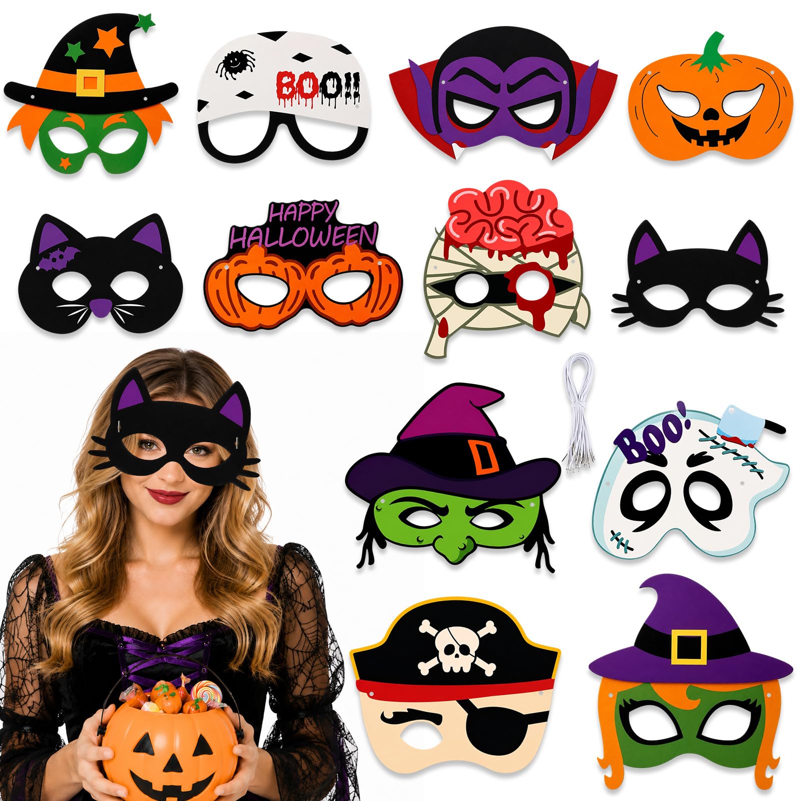 Konsait 12 PCS Halloween Paper Eye Masks, Assorted Witch Pirate Vampire Pumpkin Designs, Adjustable Costume Face Masks for Halloween Trick or Treat Cosplay Masquerade Party Favor Supplies