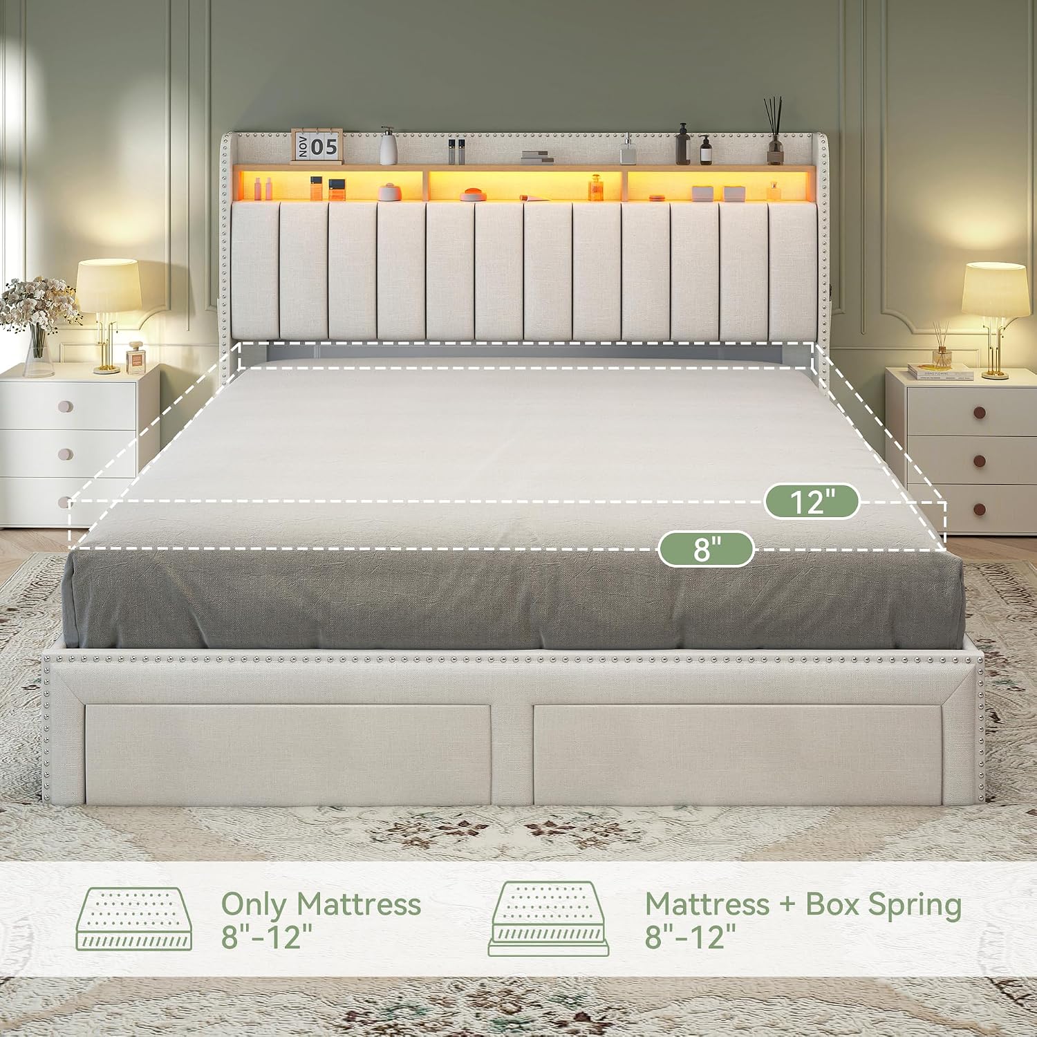 Torana King LED Bed Frame with 2 Drawers, Linen Upholstered Storage Wingback Headboard Beds, Channel Tufted Platform Bedframe with Rivet Decor, No Box Spring Needed, Natural