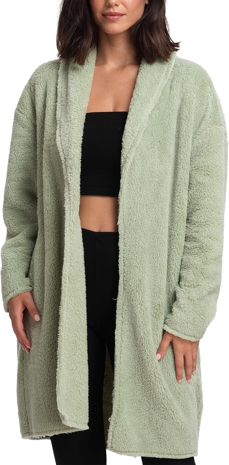 Mad Dog Women’s Sherpa Cardigan Sweater, Cozy Loungewear Top, Thin Lightweight Long Open Front Jacket