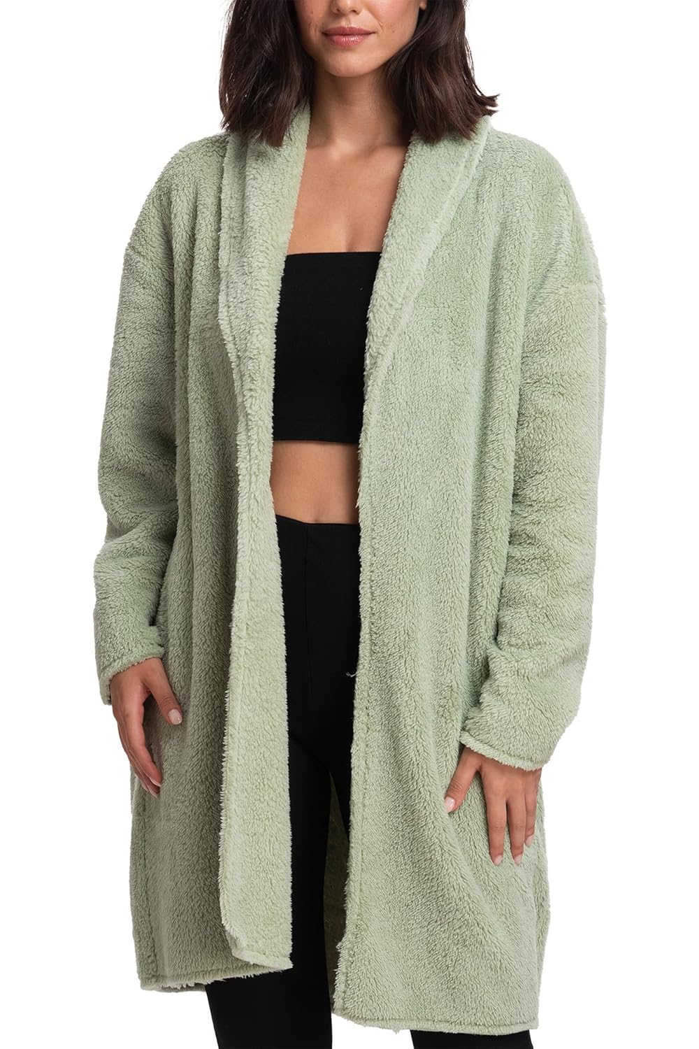 Mad Dog Womens Sherpa Cardigan Sweater Cozy Loungewear Top Thin Lightweight Long Open Front Jacket