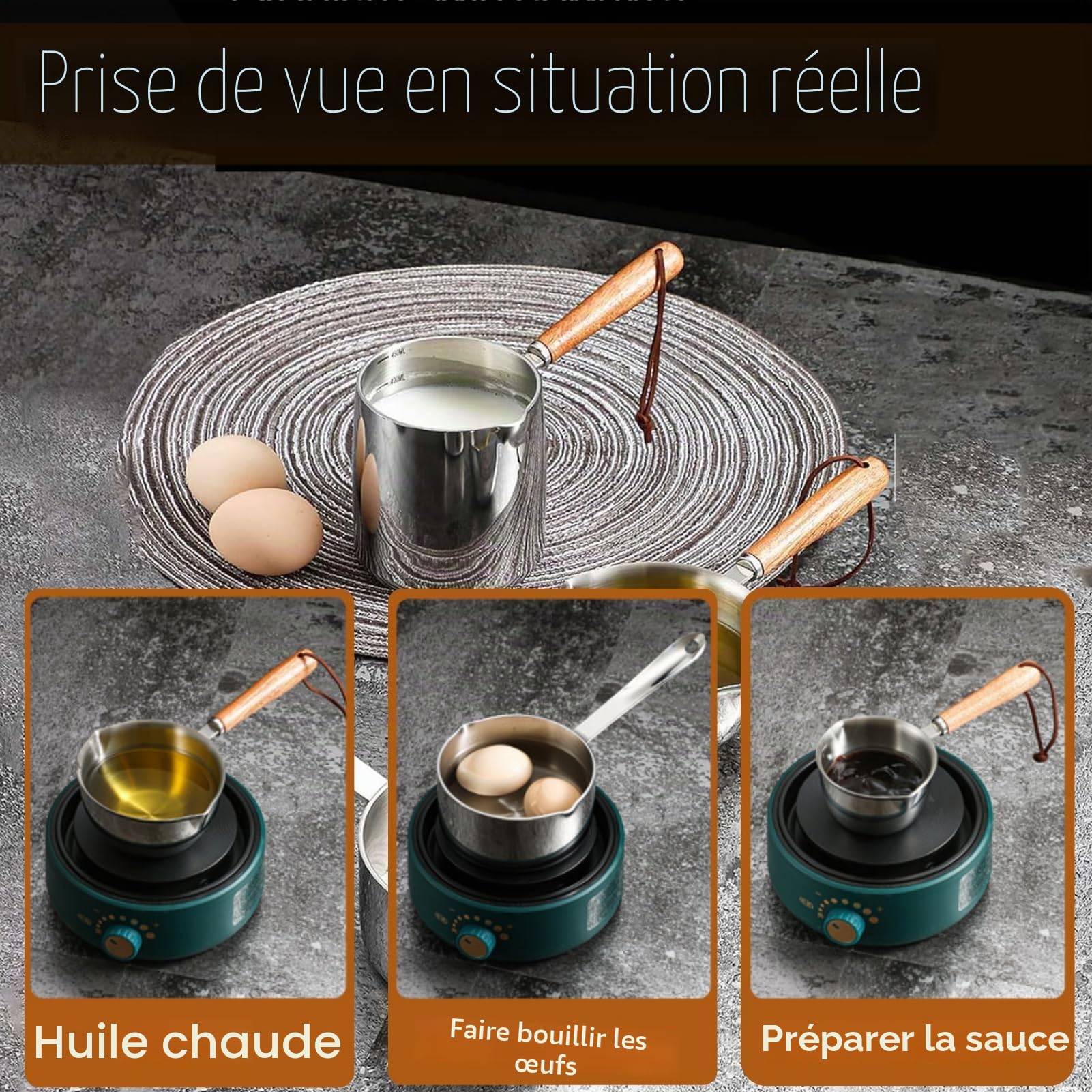 Tissting 2PCS Mini Cafetières 450ml,Poignée Bois Petites Casseroles Sauce