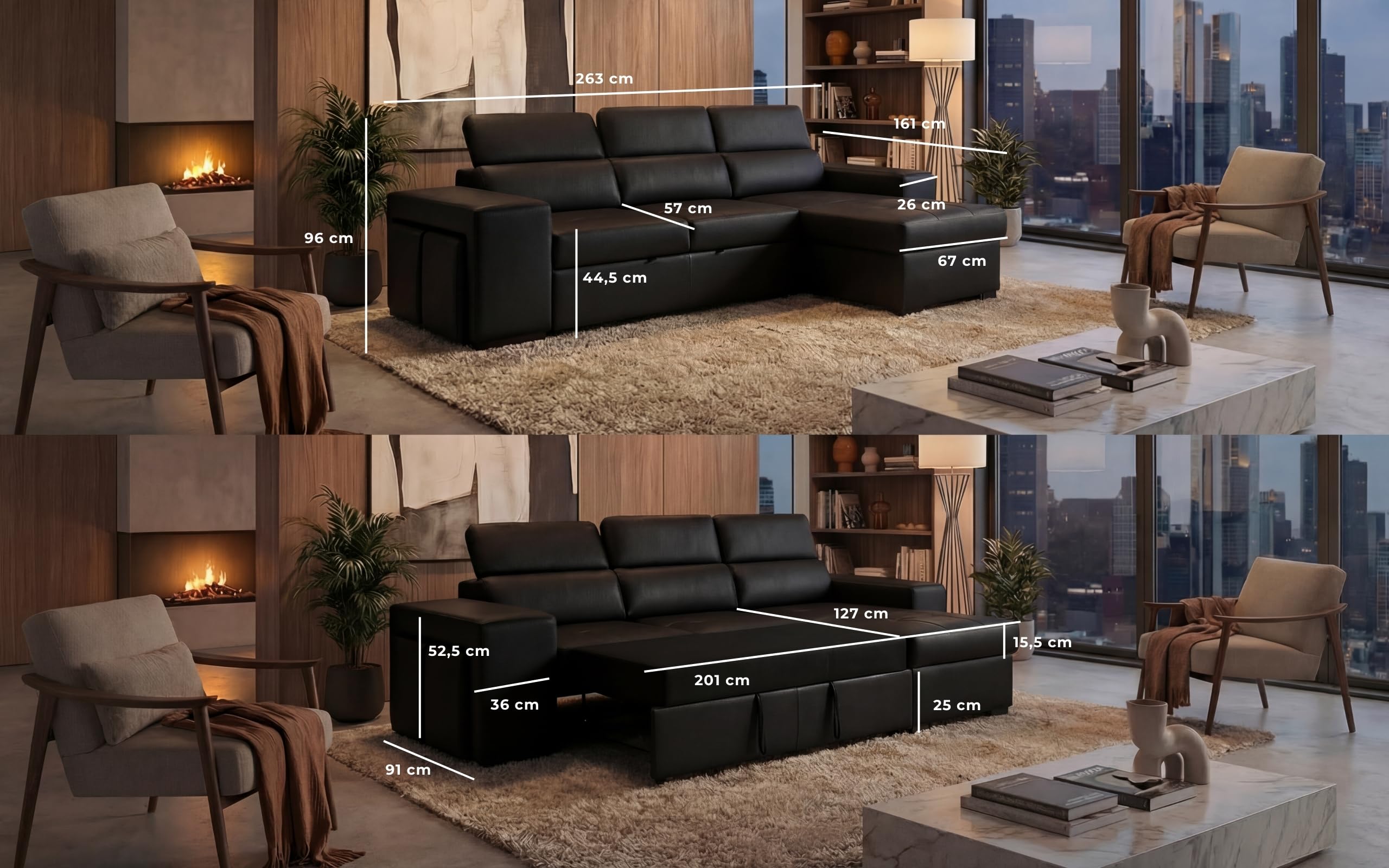 BUDWING John Sofá Cama Esquinero 4 Plazas - Chaise Longue Reversible, Reposacabezas Ajustable y 2 Pufs – Tapizado en Poliuretano – Estilo Moderno – 263x161x96 cm – Negro