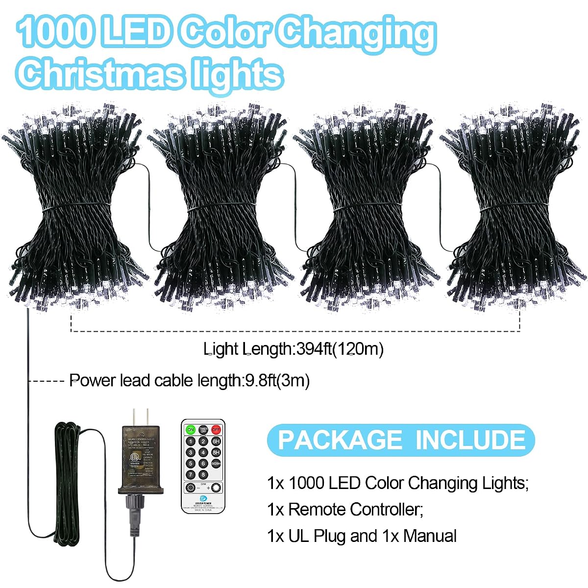 ROADAYLY 394FT LED Christmas String Lights, 1000 Lights, Waterproof, 8 Modes,