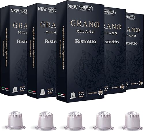 Grano Milano - Cápsulas de café de aluminio compatibles con máquinas de línea original Nespresso* (Ristretto, 50 cápsulas)
