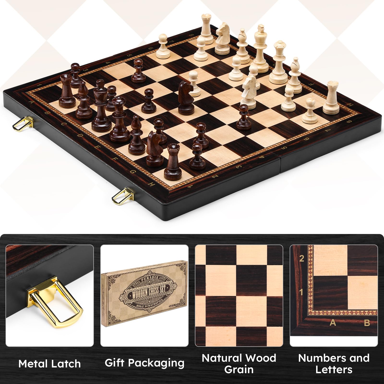 Peradix 48 x 48 CM Grande Gioco di Scacchi in Legno - Scacchiera Pieghevole in Legno di Alta Qualità con 34 Grandi e Pesanti Pezzi di Scacchi - Scacchi per Adulti e Bambini (48×48 cm, Nero)