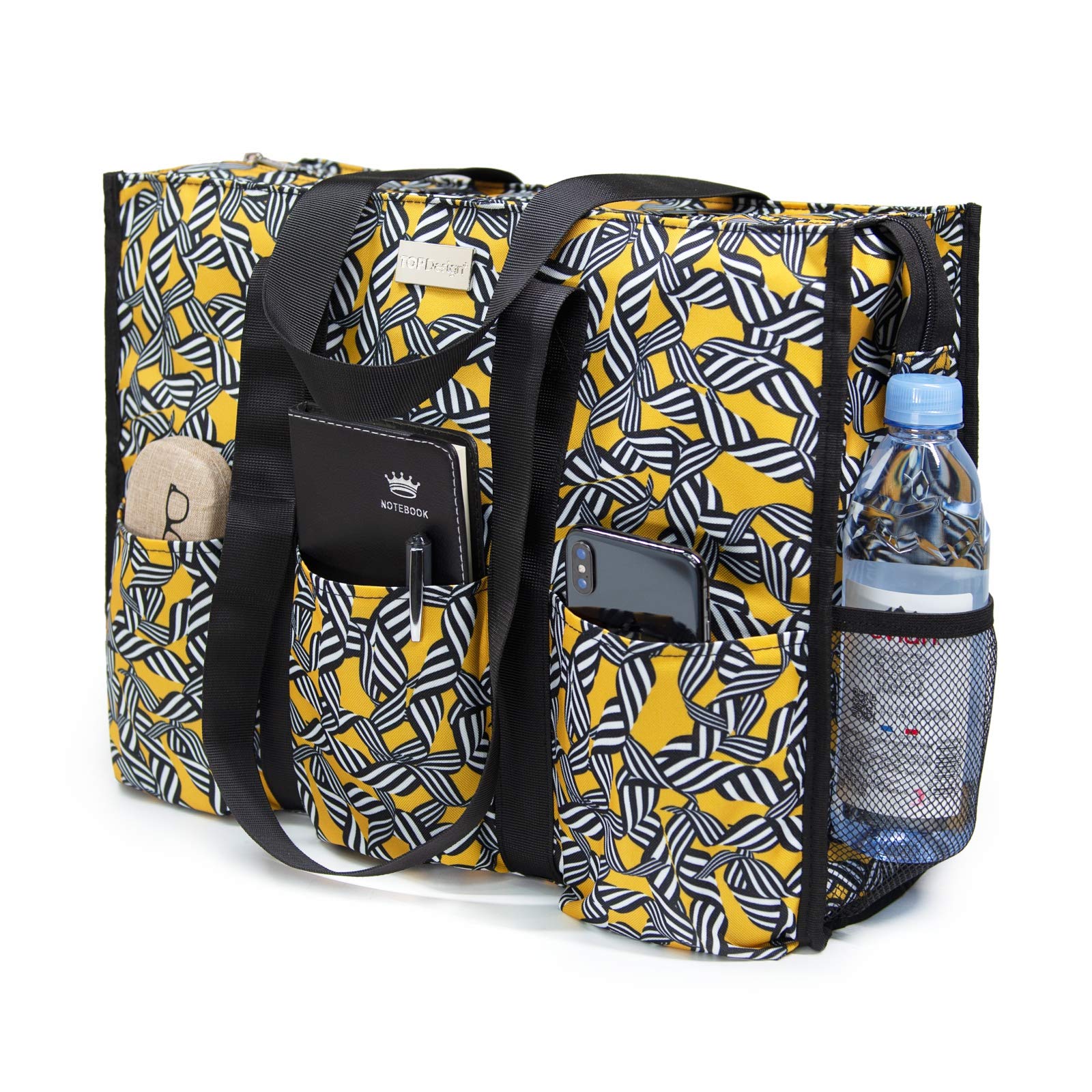 TOPDesign Utility Water Resistant Tote Bag with 13 Pockets, Zipper Closure