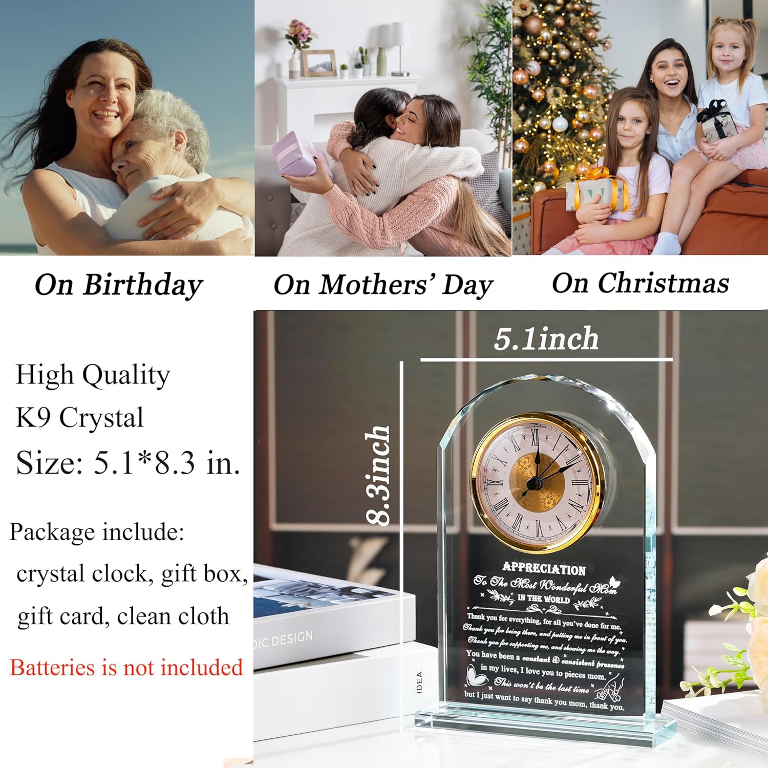 Mom Gifts from Daughter Son - Crystal Clock Engraved Mothers Day Appreciation Gifts Keepsake for Mother Mama who has Everything - Love Reminder Present for Birthday Thanksgiving Christmas