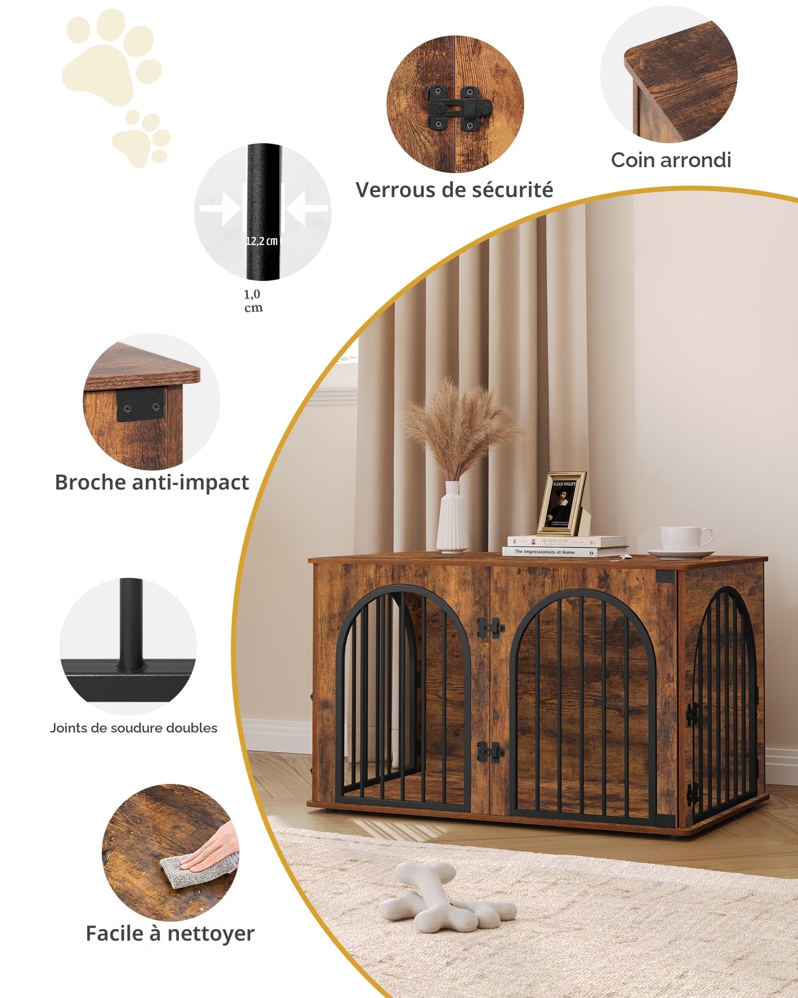 Hzuaneri 100cm Cage pour Chiens, Niche Moderne Intérieur, 3 Portes, 100 x 60 x 63 cm, Marron Rustique