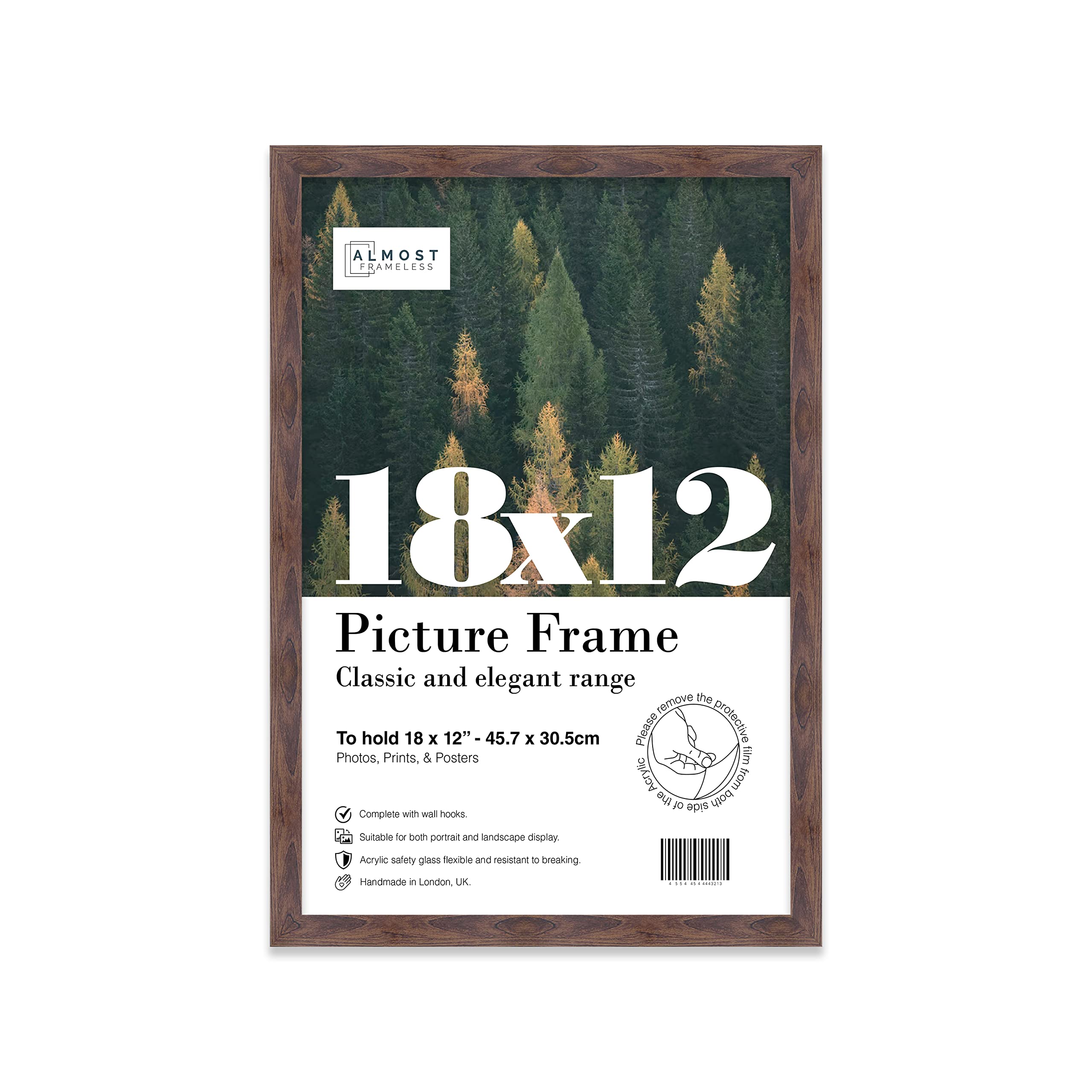 Almost Frameless 18x12 Walnut Picture Frame 18"x12"(45.7x30.5cm) Poster, Photo, Artwork, or Print. Thin Edge Slim Frame Portrait and Landscape Display with Wall Hooks