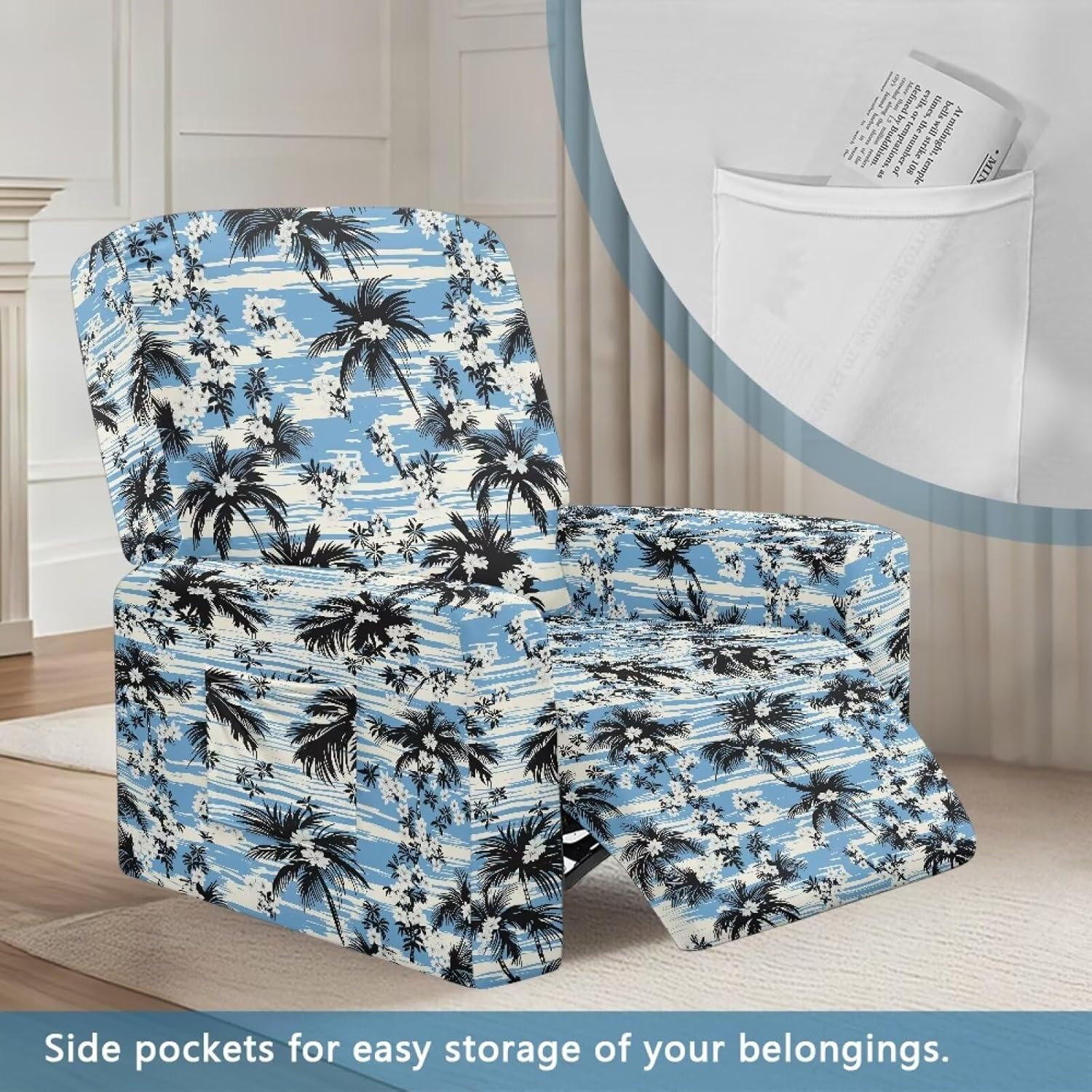 Recliner Chair Covers 4 Pieces Covers for Electric Power Lift Reclining Chair Single-Seater Furniture Protector Washable Armchair Protective, Tropical Tree