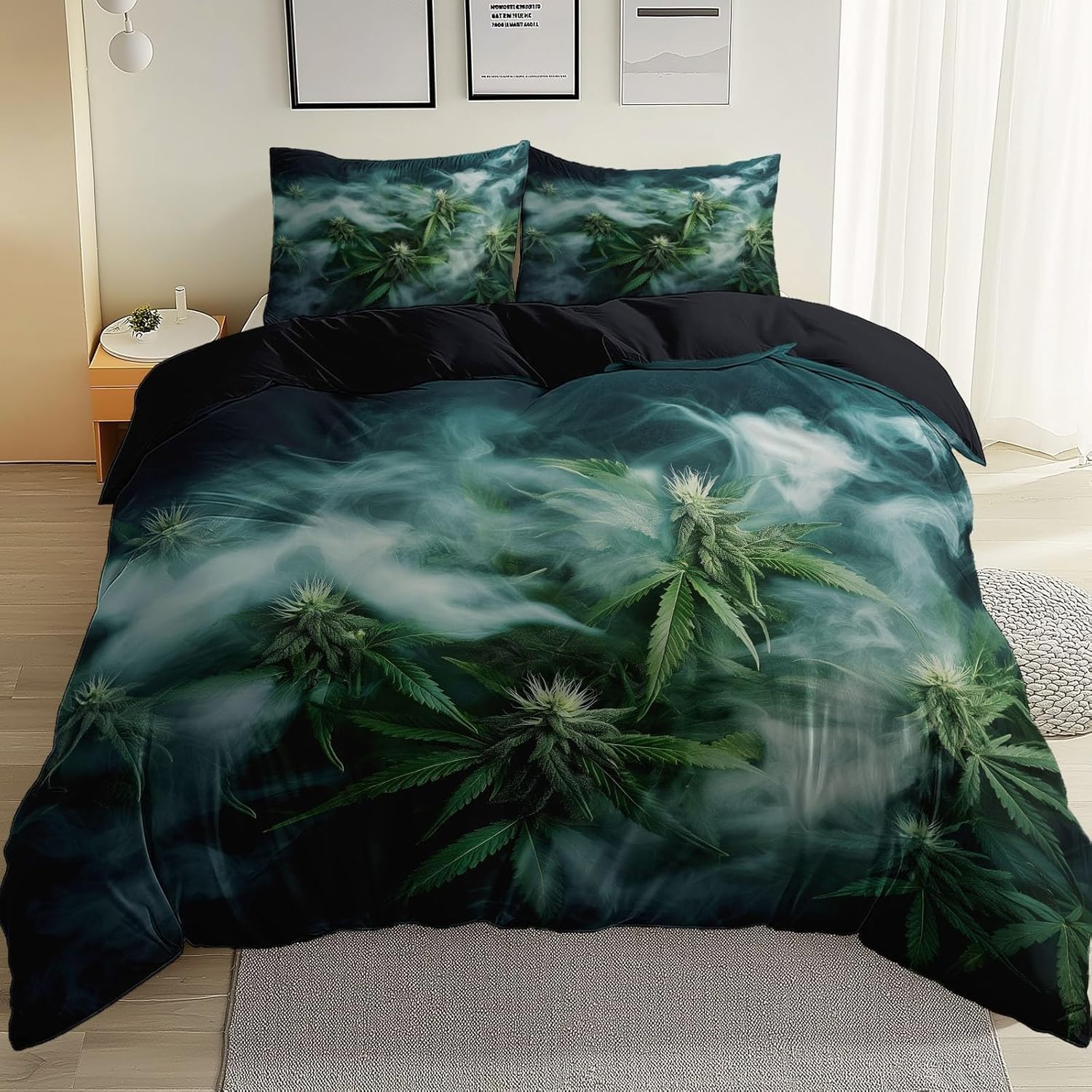 Housse de couette 200x200 cm fermeture éclair cachée pour lit double cannabis
