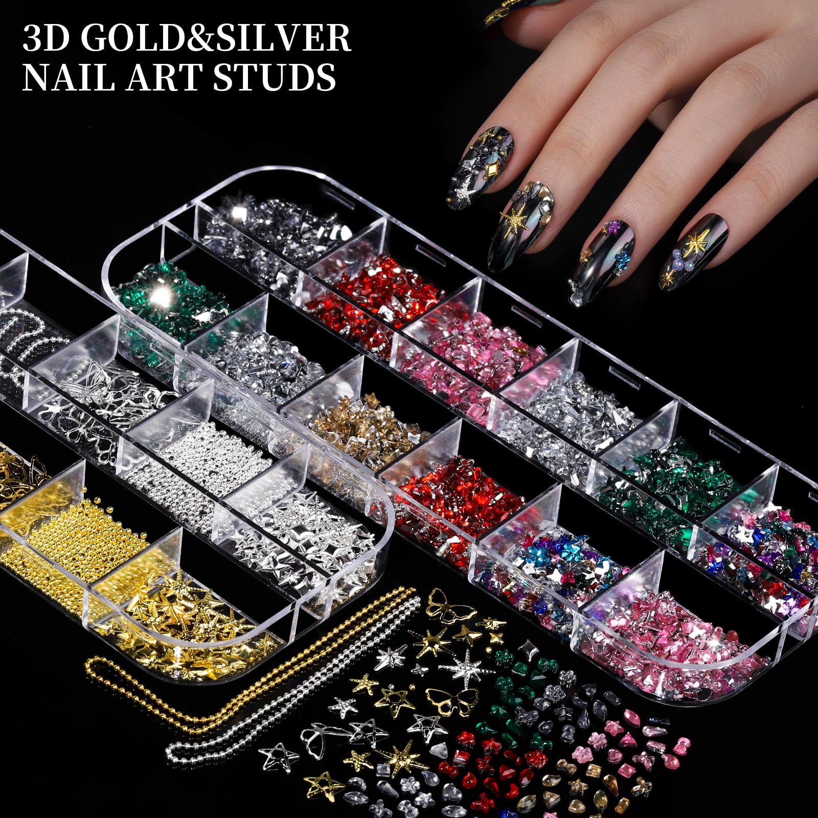Dijes para uñas, kit de diamantes de imitación para uñas con 8 cajas de gemas para uñas, dijes 3D para uñas, diamantes de imitación transparentes de colores planos, cristales de uñas 5