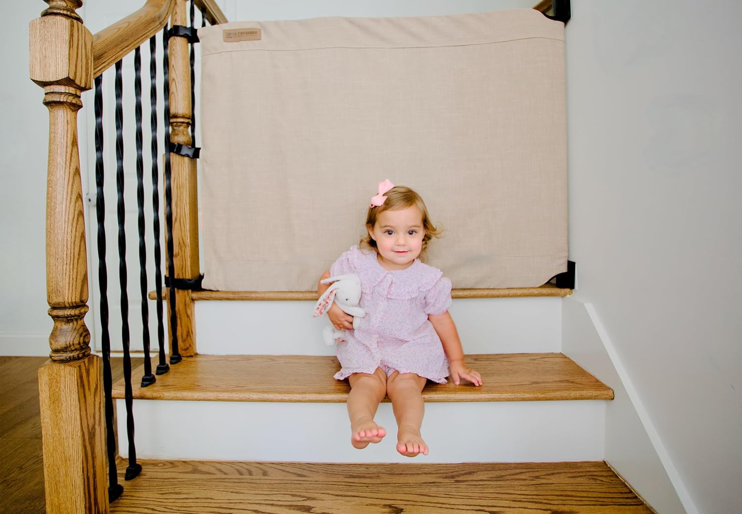 The Stair Barrier First Fabric Wall to Banister Baby Gate for Stairs 43”–52” Wide x 32” Tall – Dog Gate for Stairs, for Top or Bottom Staircase, Machine-Washable, Climb Proof, Designed in USA – Beige