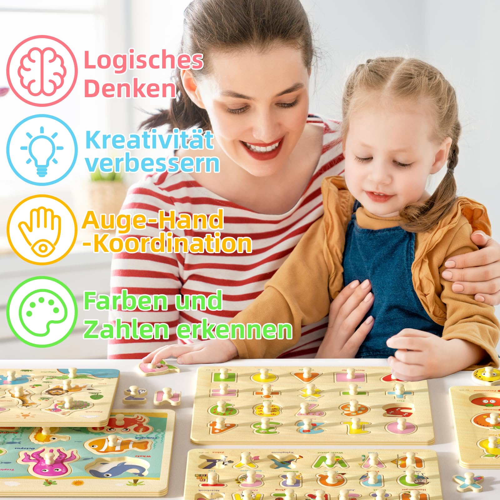 Hölzerne Steckpuzzle für Kleinkinder 2-4, 6 Pack pädagogische Peg Puzzles Montessori Spielzeug, Lernen Puzzles für Kinder Mädchen Jungen 1-3 3-5 mit Alphabet Zahl Tier Fahrzeug Form