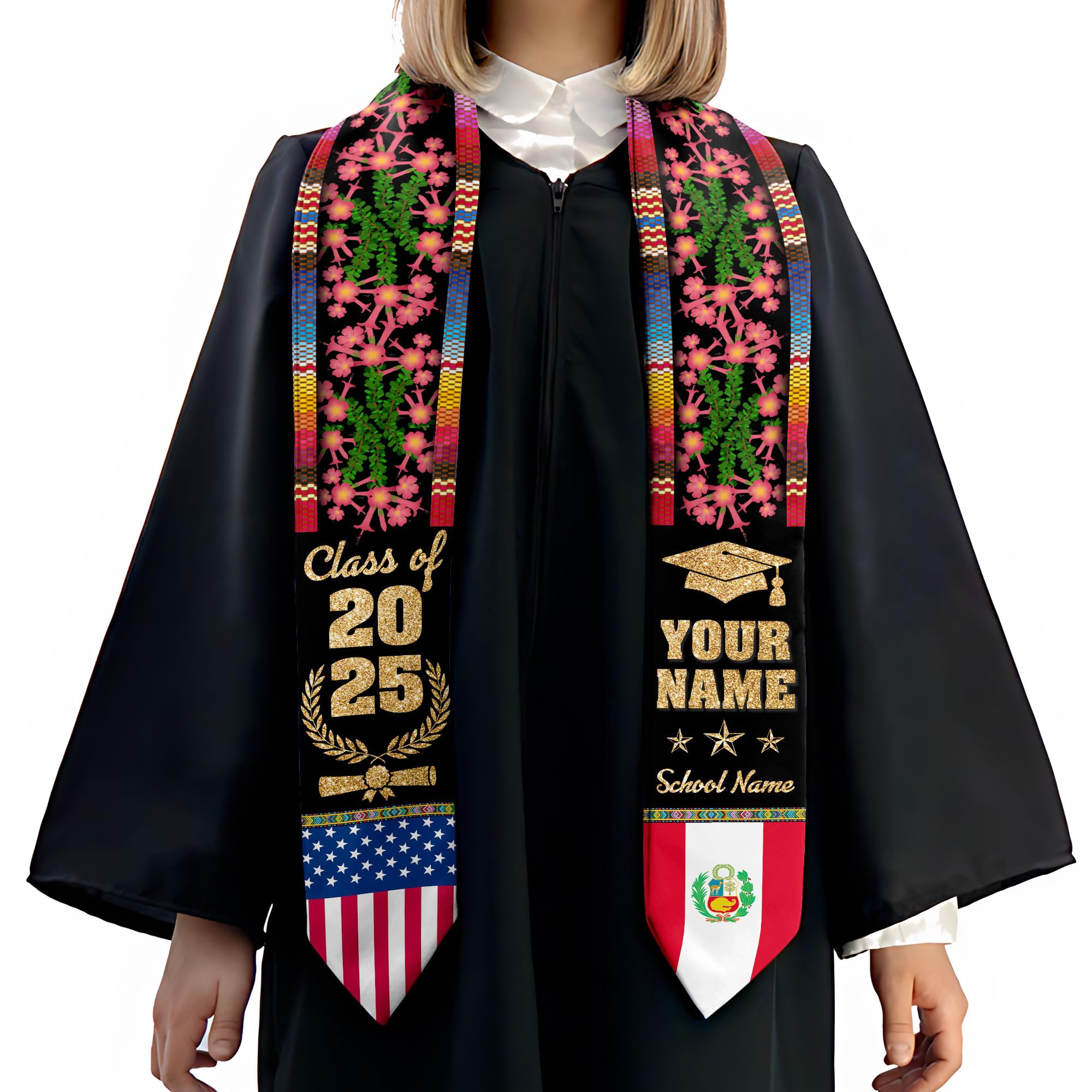 MonkeyVan Personalized Peruvian Graduation Sash, Custom Peruvians American Flag Graduation Stole 2025, Peru Graduation Stole S384