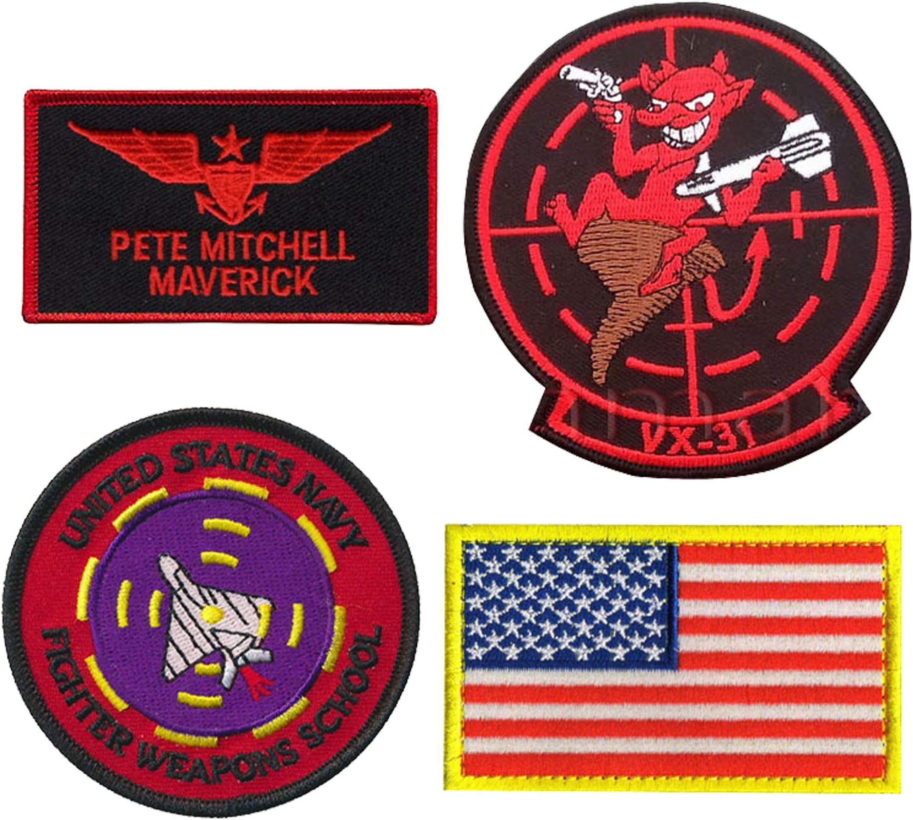 Top Gun Patches United Sates Navy Fighter Weapons School, American Flag, Pete Mitchell Maverick, VX-31 Embroidered Tactical Morale Fastener Hook Loop Patch Applique Badge for Jacket Jean T Shirt Hat
