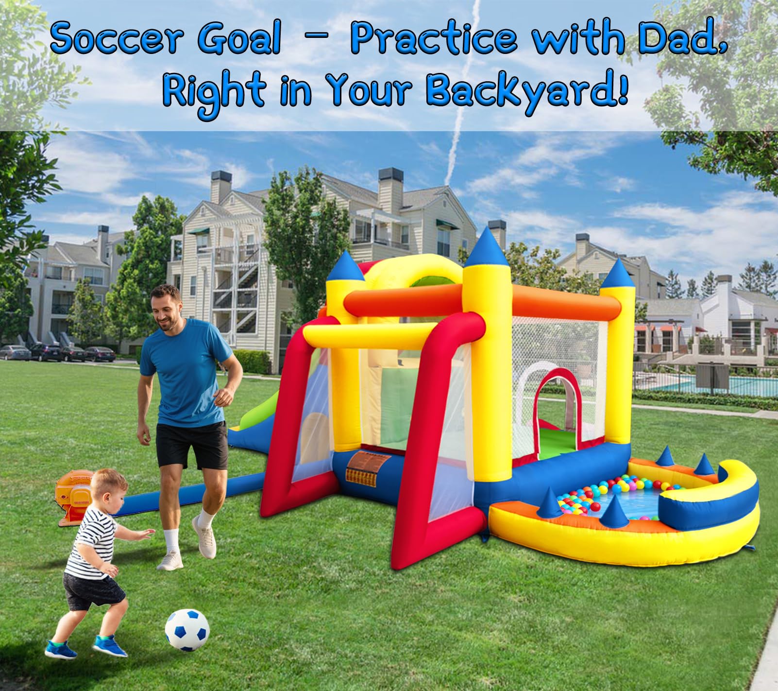 Hongcoral Inflatable Bounce House with Wide Slide, Splash Pool/Ballpit, Secret Crawl Tunnel & Soccer Goal, Multi-Activity Jumping Castle for Toddlers & Big Kids, Outdoor Backyard Playground - 4