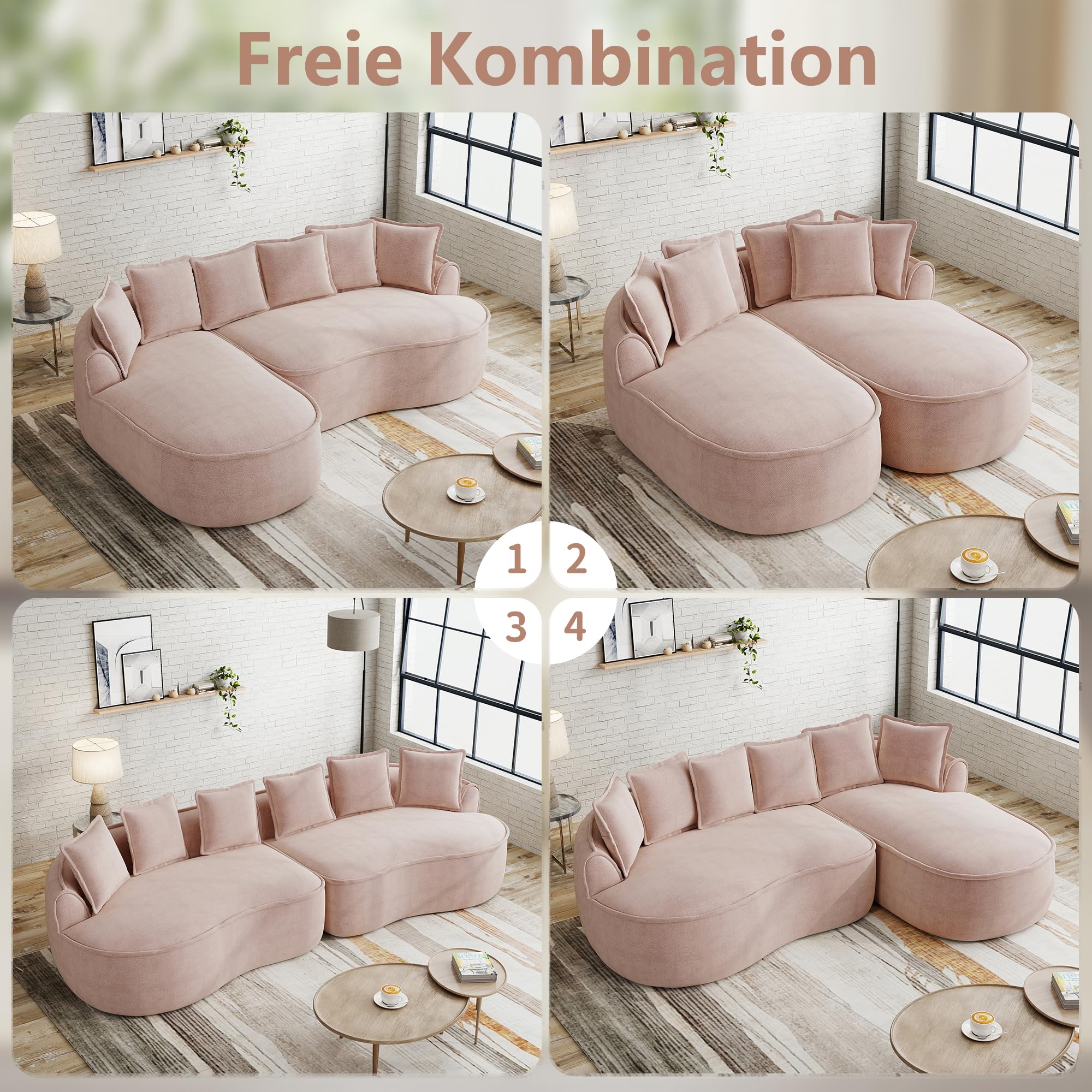 Bladez Frameless - Divano angolare modulare a forma di L, in ciniglia, con seduta extra profonda e chaise longue, divano da pavimento senza montaggio, divano curvo, per il soggiorno (rosa, 3 posti -R)