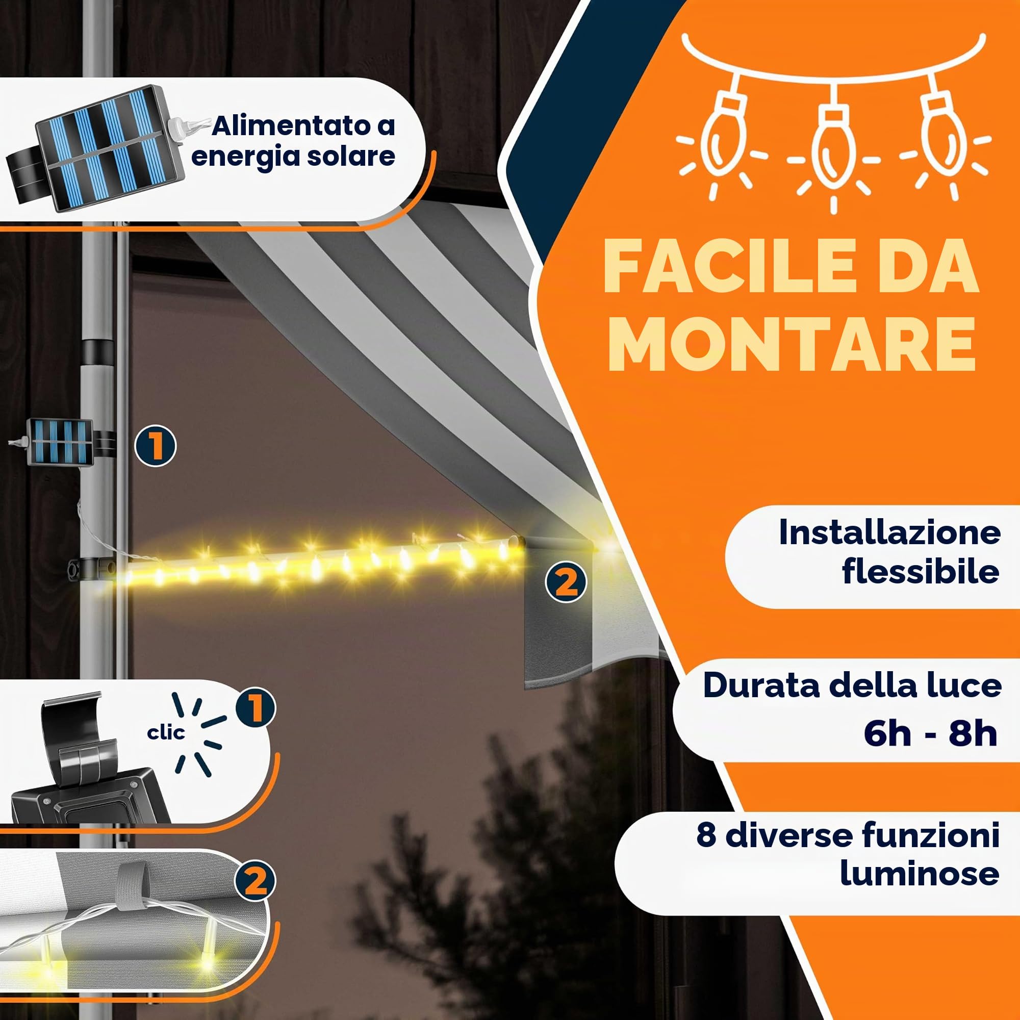 KESSER Tenda da sole con manovella e catena luminosa a LED, tenda da sole per balcone, tenda da sole senza fori, resistente ai raggi UV, regolabile in altezza e impermeabile, protezione solare per