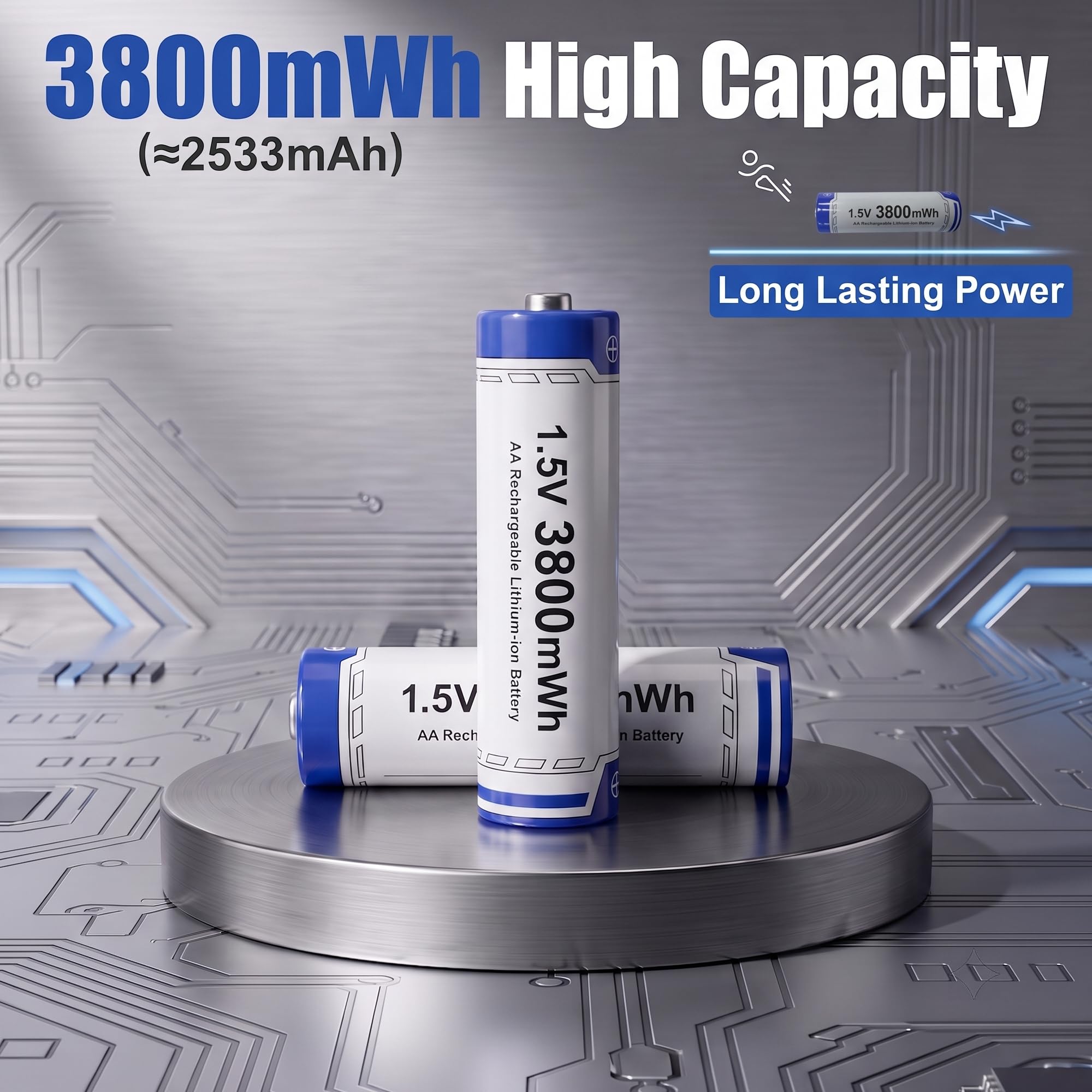 Lot de 8 piles AA rechargeables au lithium avec chargeur 1,5 V 3800 mWh - Double A - Longue durée - Avec écran LCD - Temps de cycle jusqu'à 2500 - Charge rapide pour caméras et jouets d'extérieur