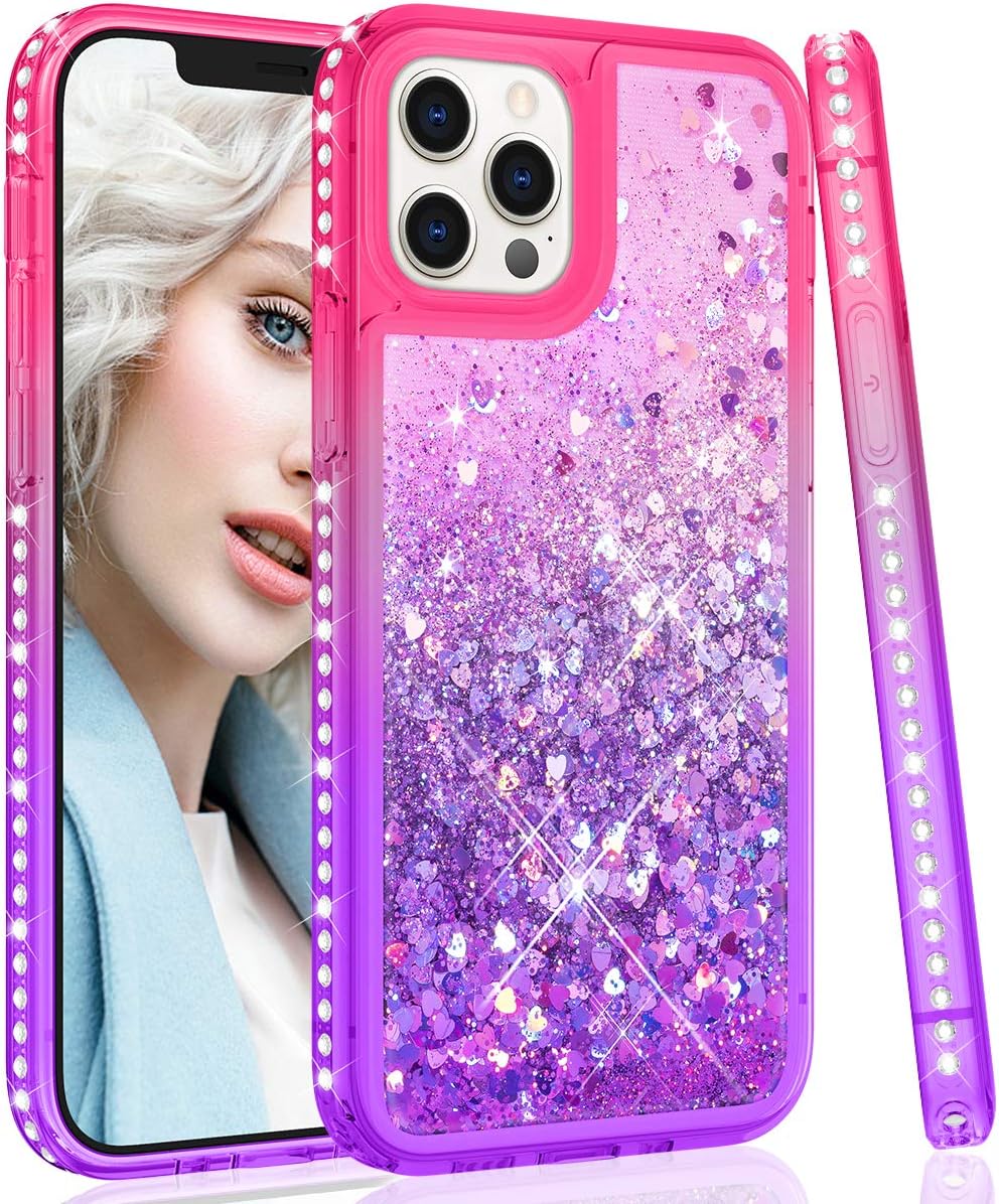 Maxdara Case for iPhone 12 iPhone 12 Pro Glitter Case for Girls Women Sparkle Case with Bling Diamond Rhinestone Gradient Liquid Glitter Case for iPhone 12/12 Pro 6.1 inches, Pink Purple