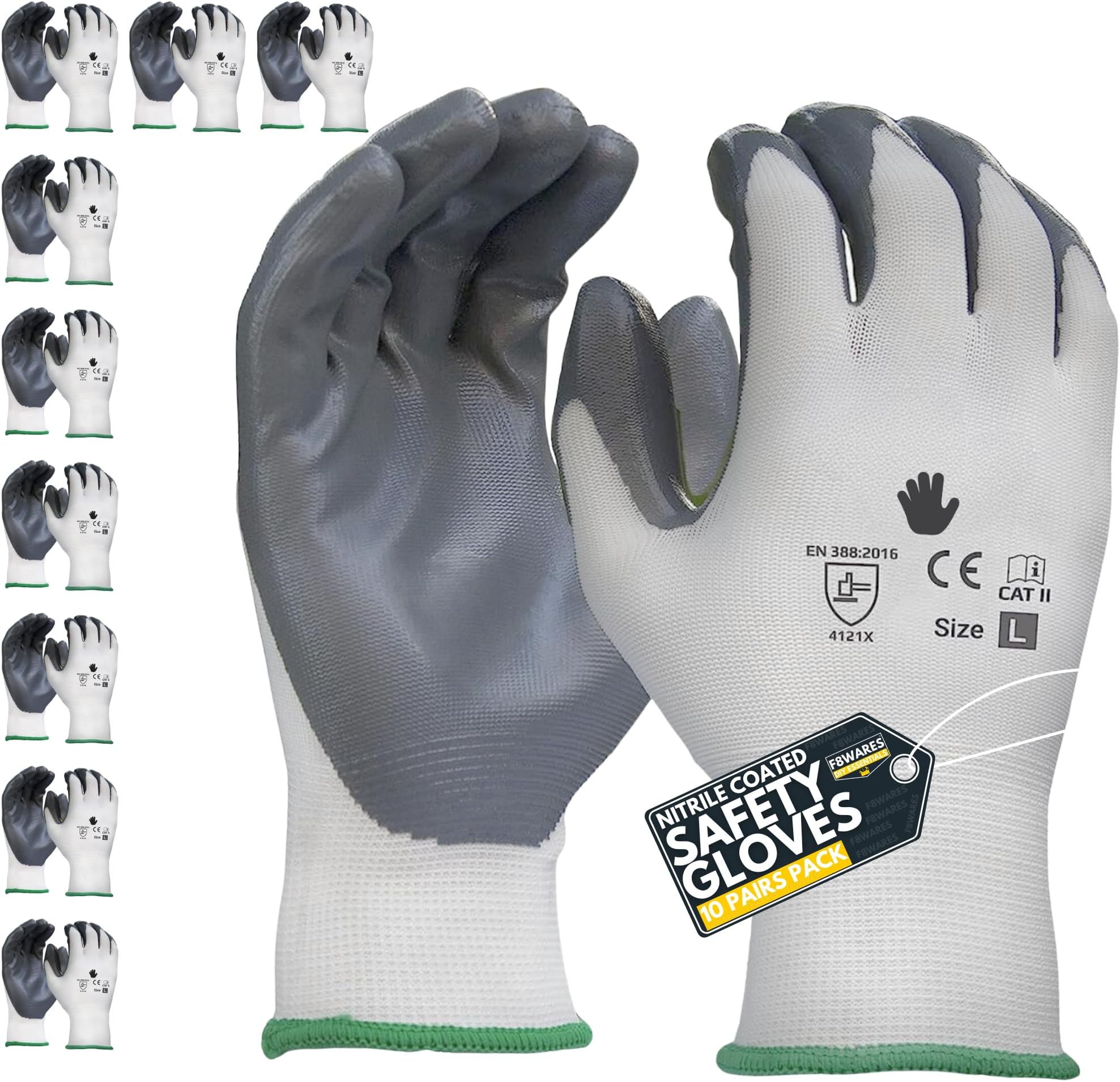 10 Pairs Nitrile Coated Safety Gloves for Men Industrial Hand Gloves for All Purpose Working & Gardening - Gloves for Gardening Work - Cut Resistant