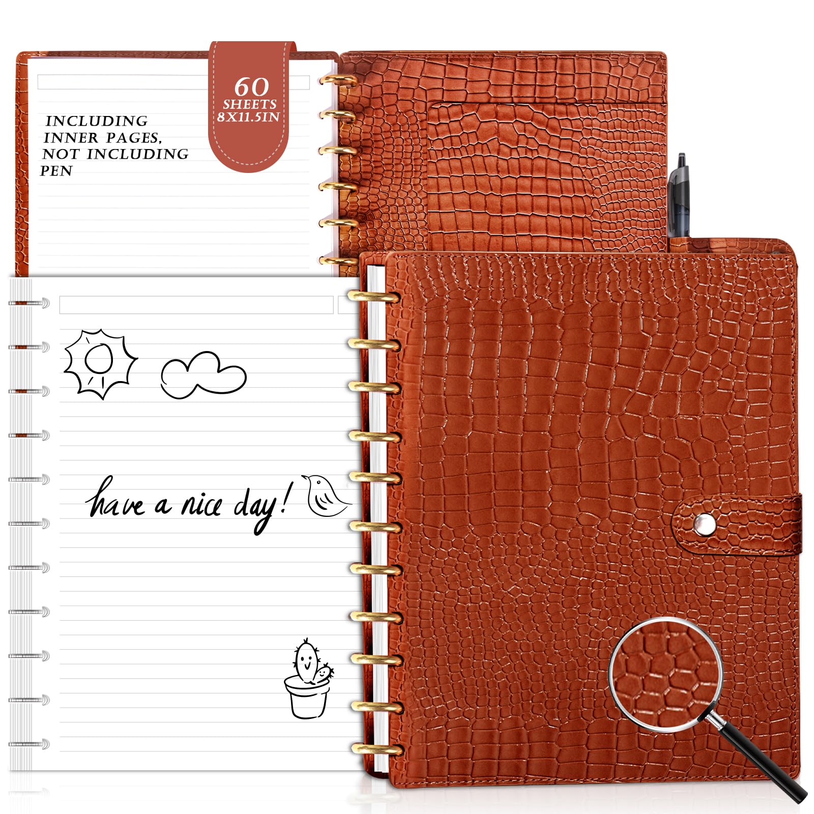 PU Leather Discbound Notebook Letter Size 8.5" x 11" Wide Ruled 60 Sheets Refills Leather Cover Discbound Notebook and Disc Set Discbound Planner