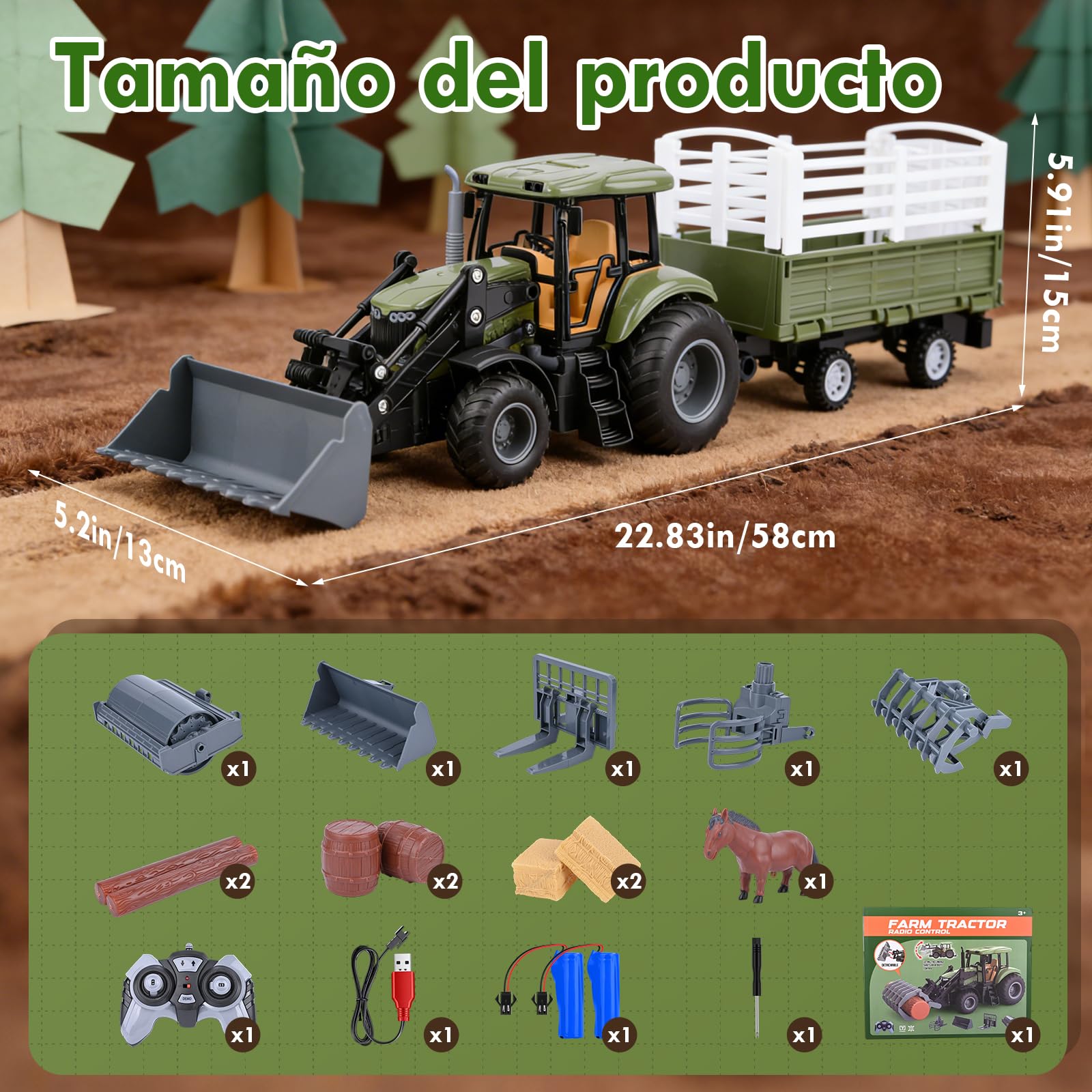 Tractor Teledirigido para Niños, Set de Tractor RC, 2.4GHz Mando a Distancia & App, 5X Arte Delantera del Vehículo, Caballo, Barril de Vino, Pajar, Juguete Agrícola para Niños 3 4 5 6 7 Años