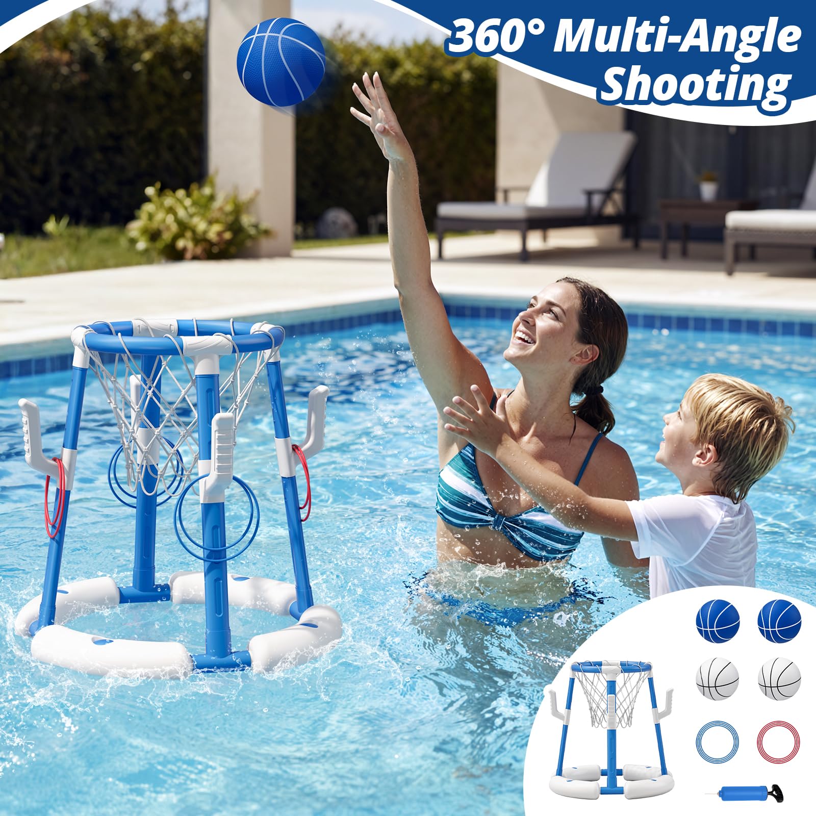 HYES Canasta de Baloncesto Piscina, Flotante Canasta Juguetes para Niños, Piscina de Baloncesto con 4 Bolas 8 Anillo, Juegos de Agua Interior y Exterior para Niños Adultos, Azul