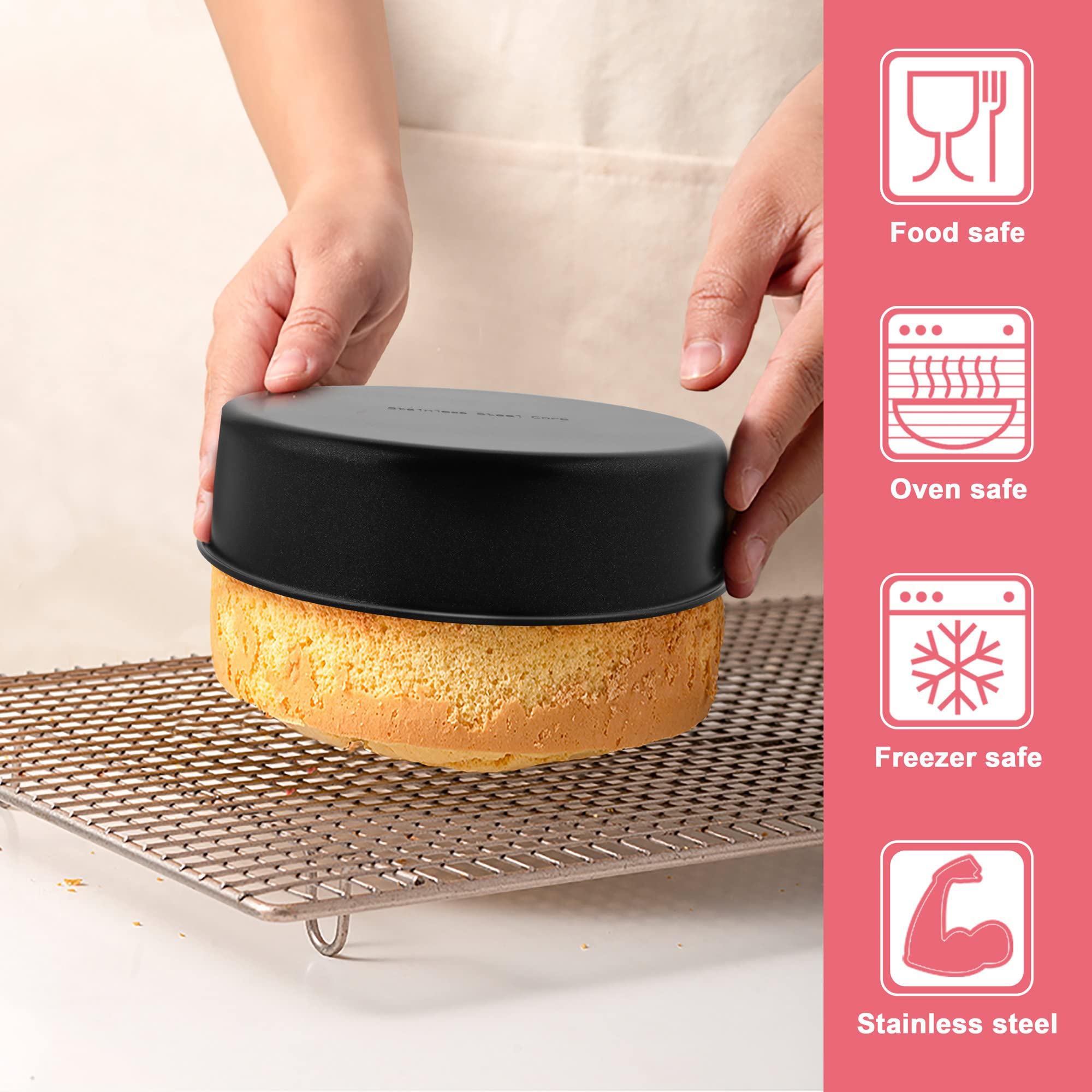 Efar Lot de 2 moules à gâteau ronds antiadhésifs en acier inoxydable avec papier sulfurisé et rouleau de doublure latérale, noyau en acier inoxydable et revêtement non toxique, côté droit et
