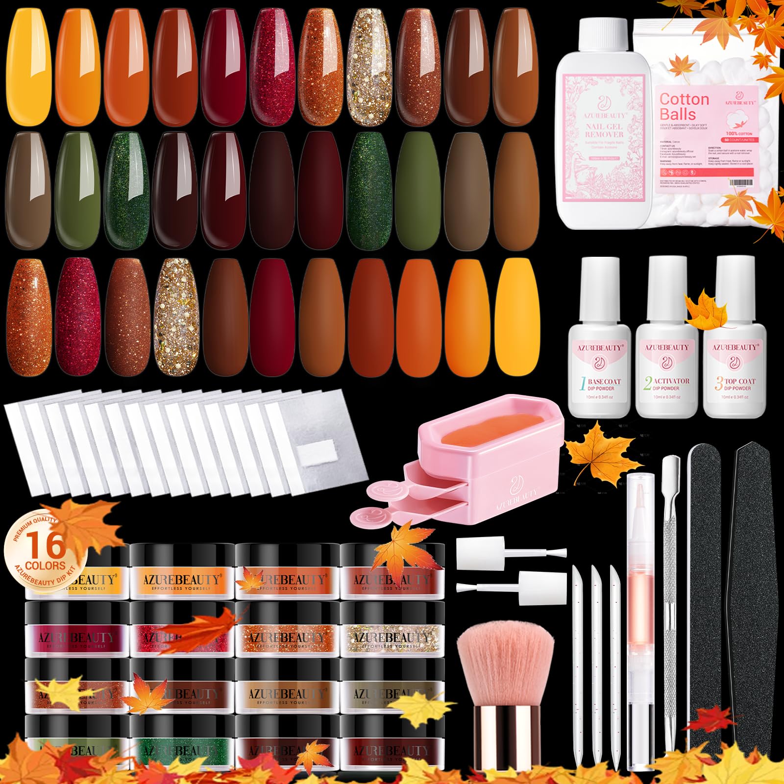 AZUREBEAUTY 130 Pcs Dip Powder Nail Kit,16 Colors Glaring Golden Brown Coffee Dip Powder Liquid Set with Professional Remover/Top/Base/Coat Activator for Nails Art Manicure DIY Salon Women
