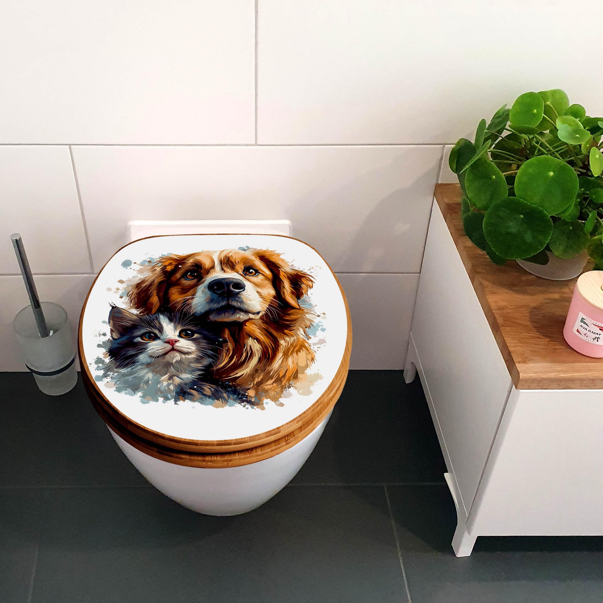 banjado Design WC Sitz Bambus Absenkautomatik 45,8x37,5cm - Toilettendeckel mit Absenkautomatik Holz - hochwertiger Bambus Klodeckel - WC-Sitz für gängigen Toiletten - Motiv Tierische Begleiter